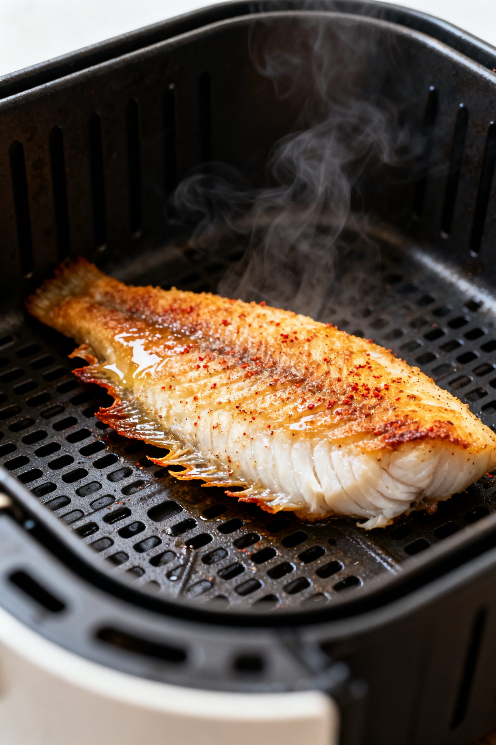 Close-up detail: Golden-browned air fryer fish fillet just after flipping mid-cook, edges crisp and