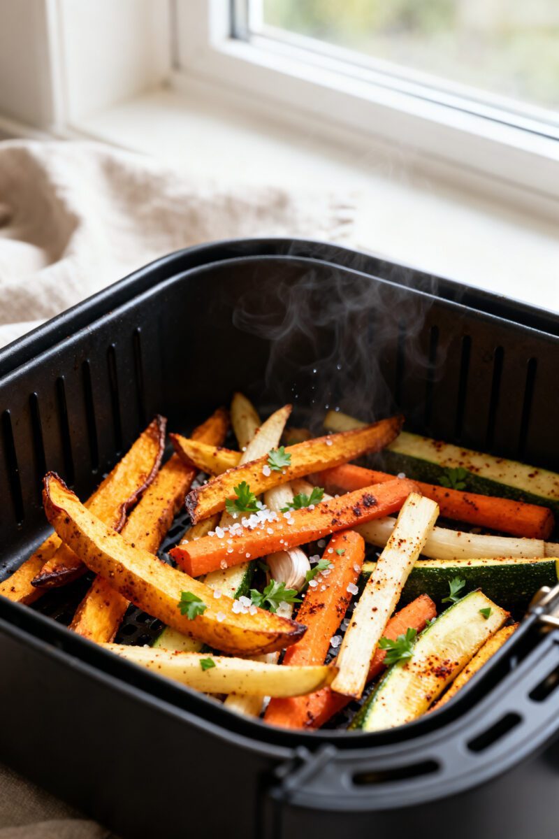 Close-up detail: Golden-browned air fryer veggie fries just out of the basket—crisp edges on sweet