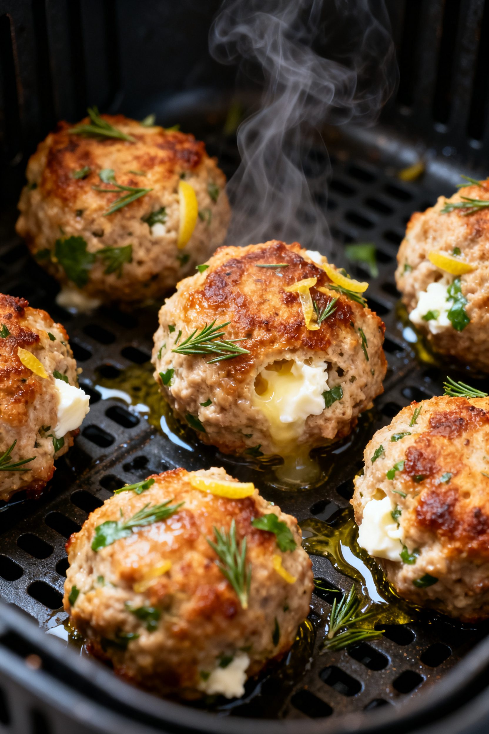 Close-up detail: Golden-browned Greek turkey meatballs just out of the air fryer basket, steam risin