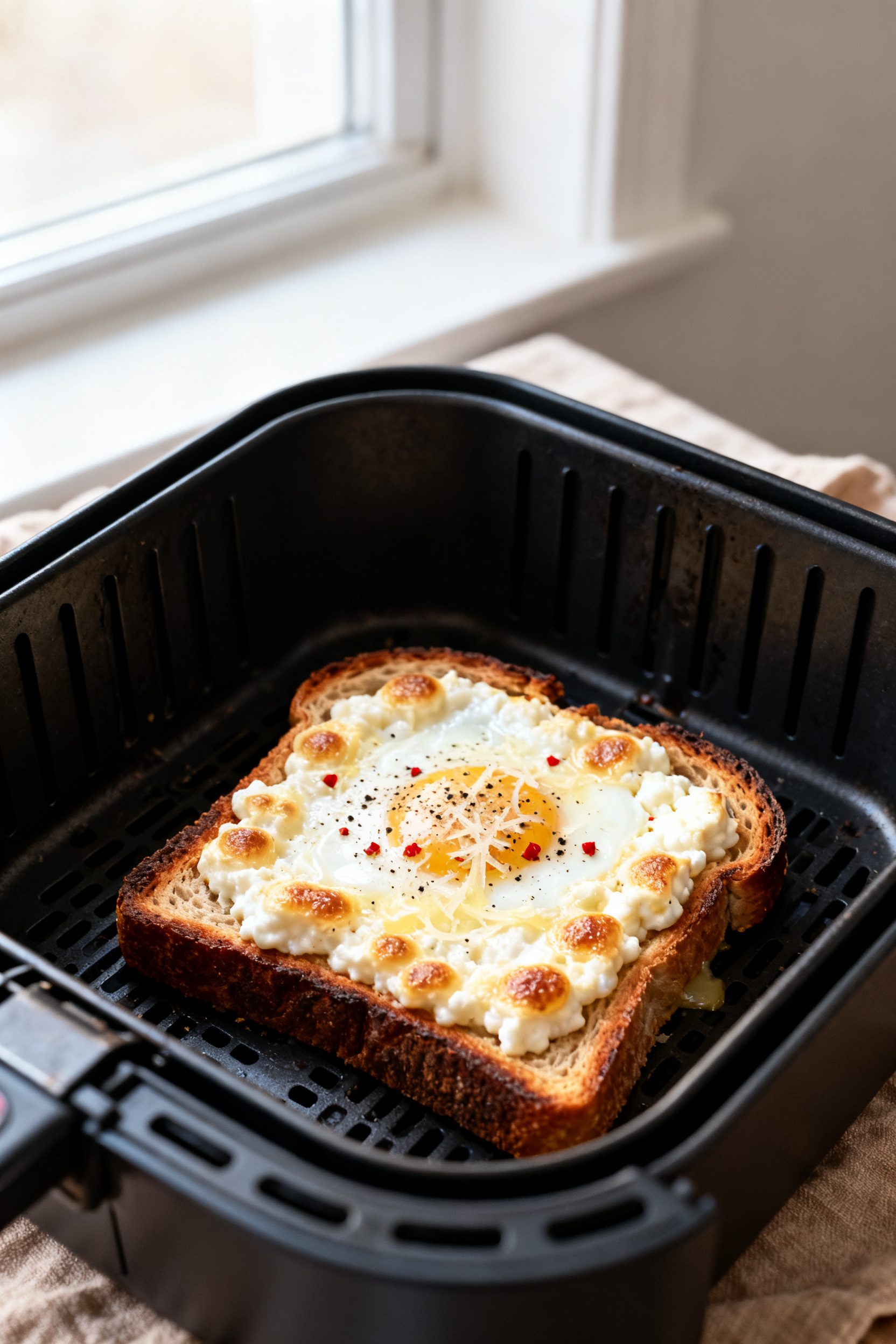 Close-up detail: Golden-bubbled cottage cheese toast fresh from the air fryer basket at 375°F, edge