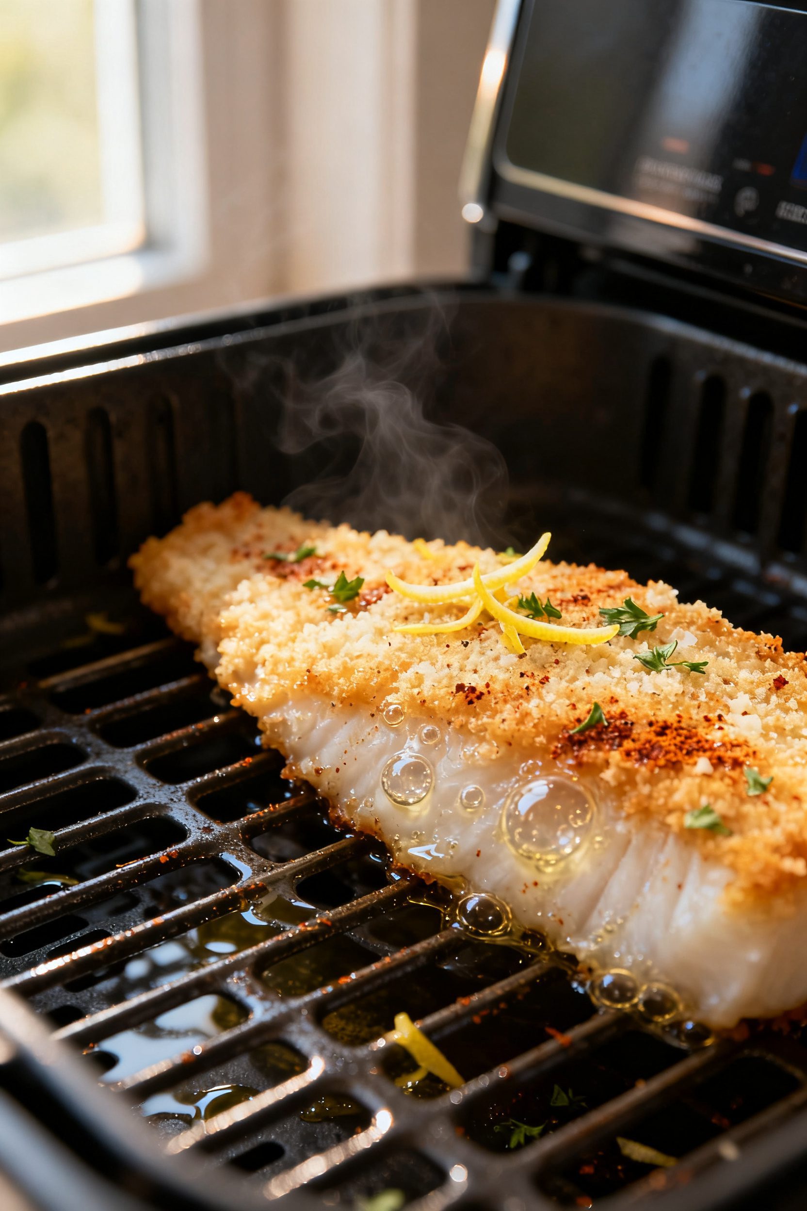 Close-up detail: Golden, cooked air fryer cod fillet just out of the basket, showing a crisp almond 
