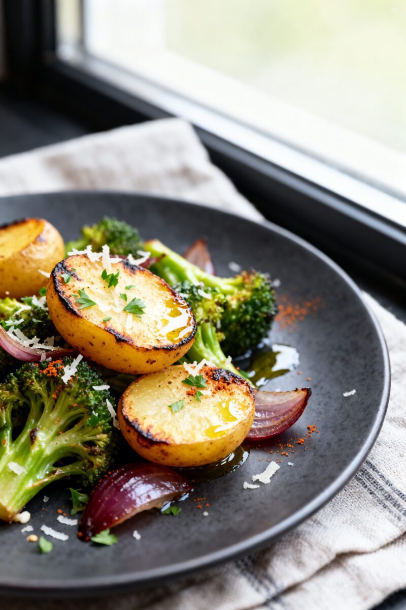 Close-up detail: Golden-crisp baby potato halves with charred edges nestled among tender roasted bro