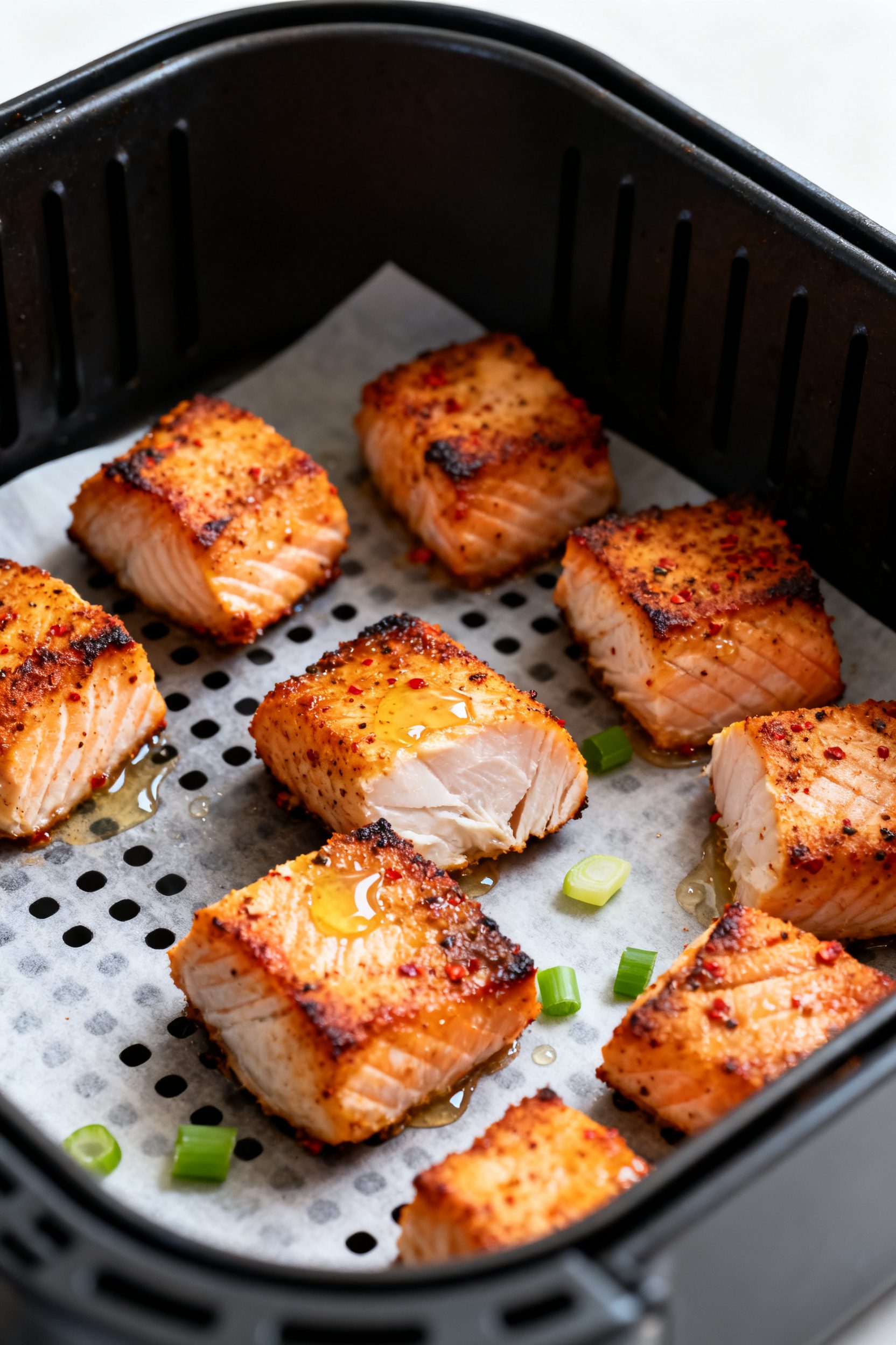 Close-up detail: Golden-crisp Cajun salmon bites just out of the air fryer basket, edges lightly cha