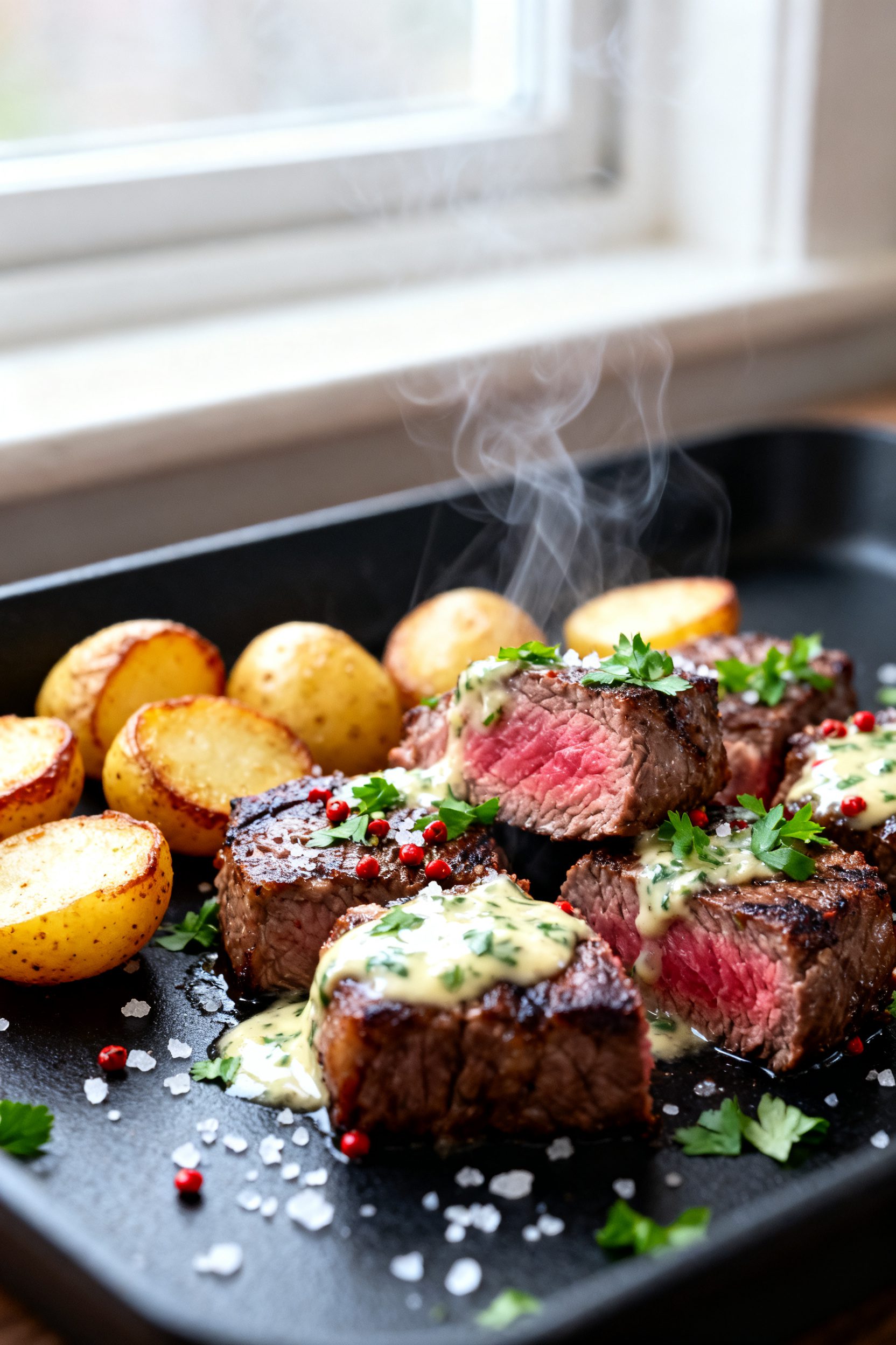 Close-up detail: Golden, crispy-edged baby potatoes and juicy medium-rare steak bites just out of th