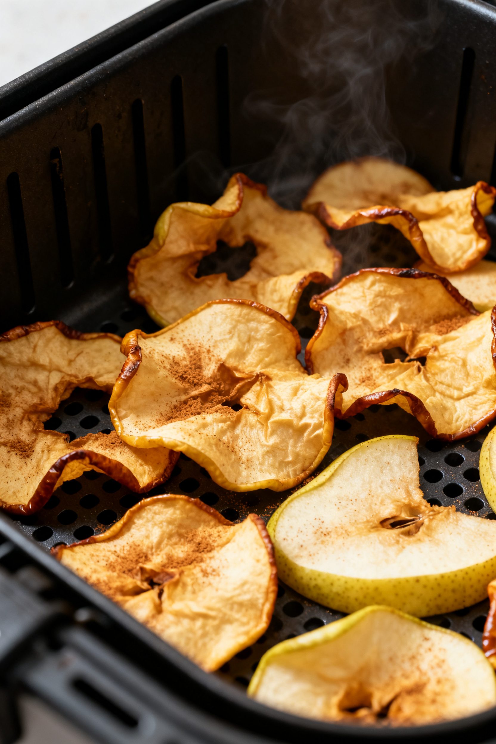 Close-up detail: Golden, curled apple and pear chips fresh from the air fryer basket, edges lightly