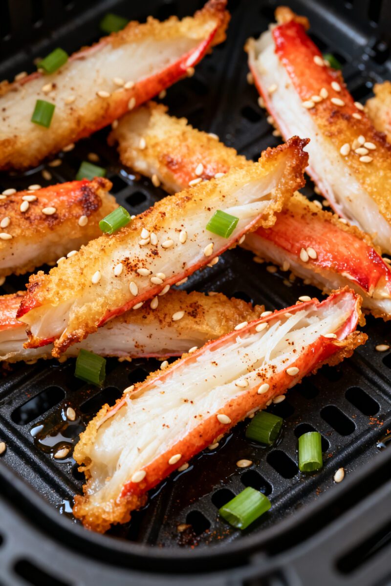 Close-up detail: Golden-edged air-fried imitation crab strips just out of the basket at 375°F, ligh