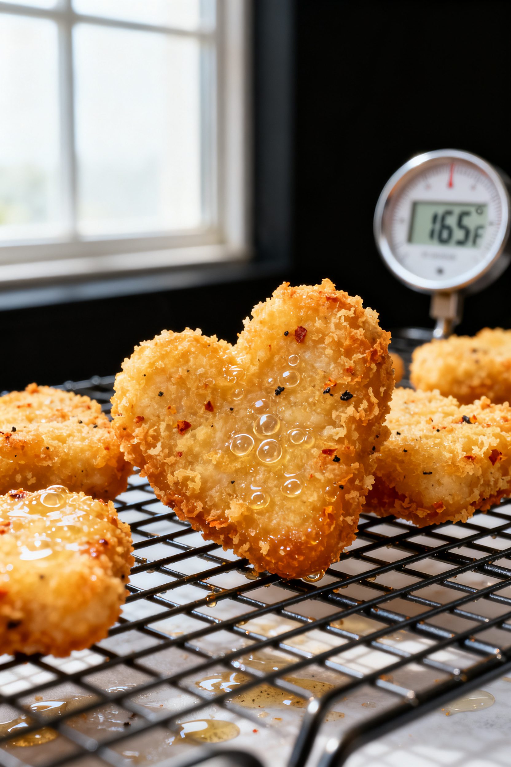 Close-up detail: Golden, heart-shaped chicken nuggets just out of the air fryer resting on a wire ra