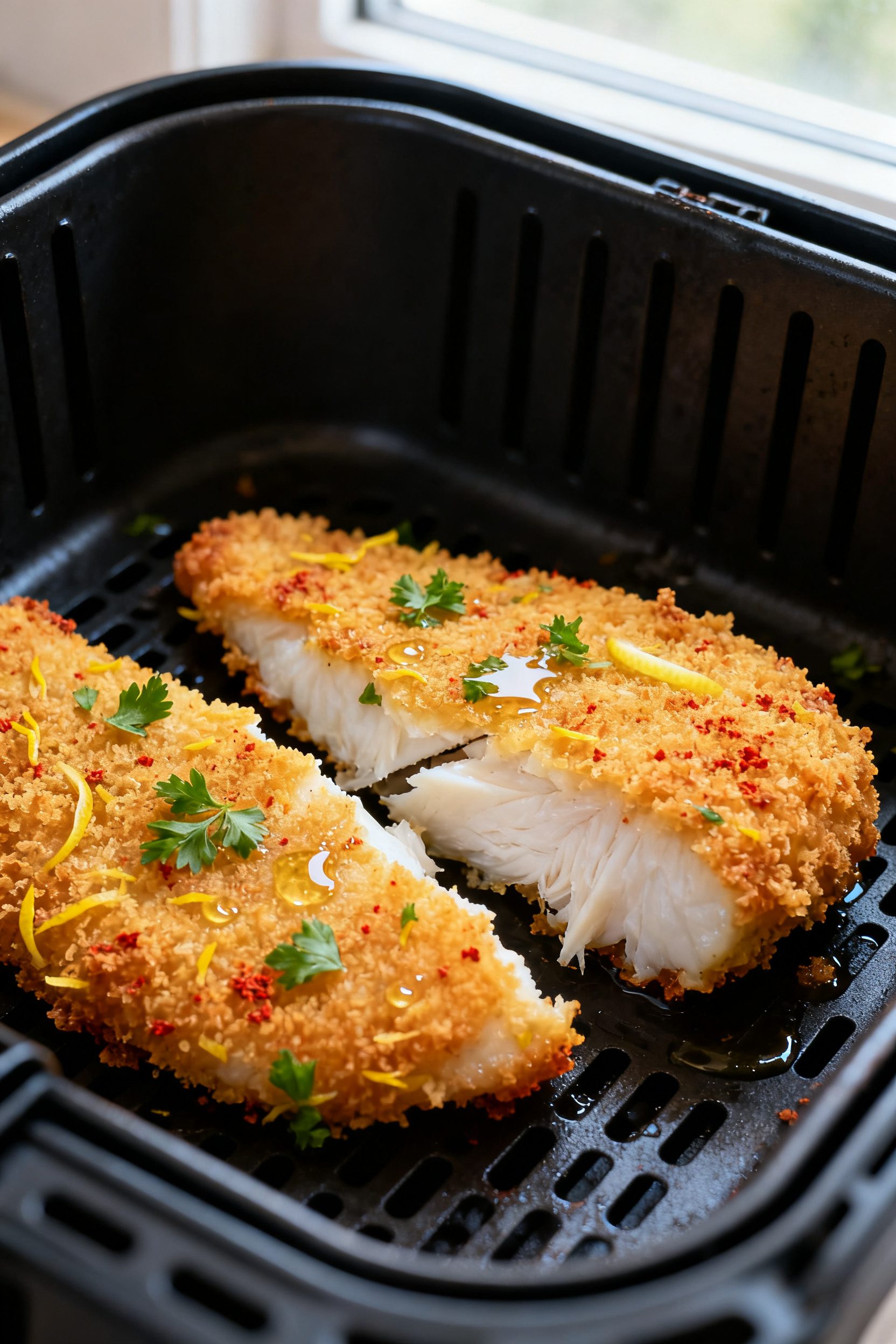 Close-up detail: Golden, panko-crusted air fryer cod just out of the basket, crumb-side up with visi