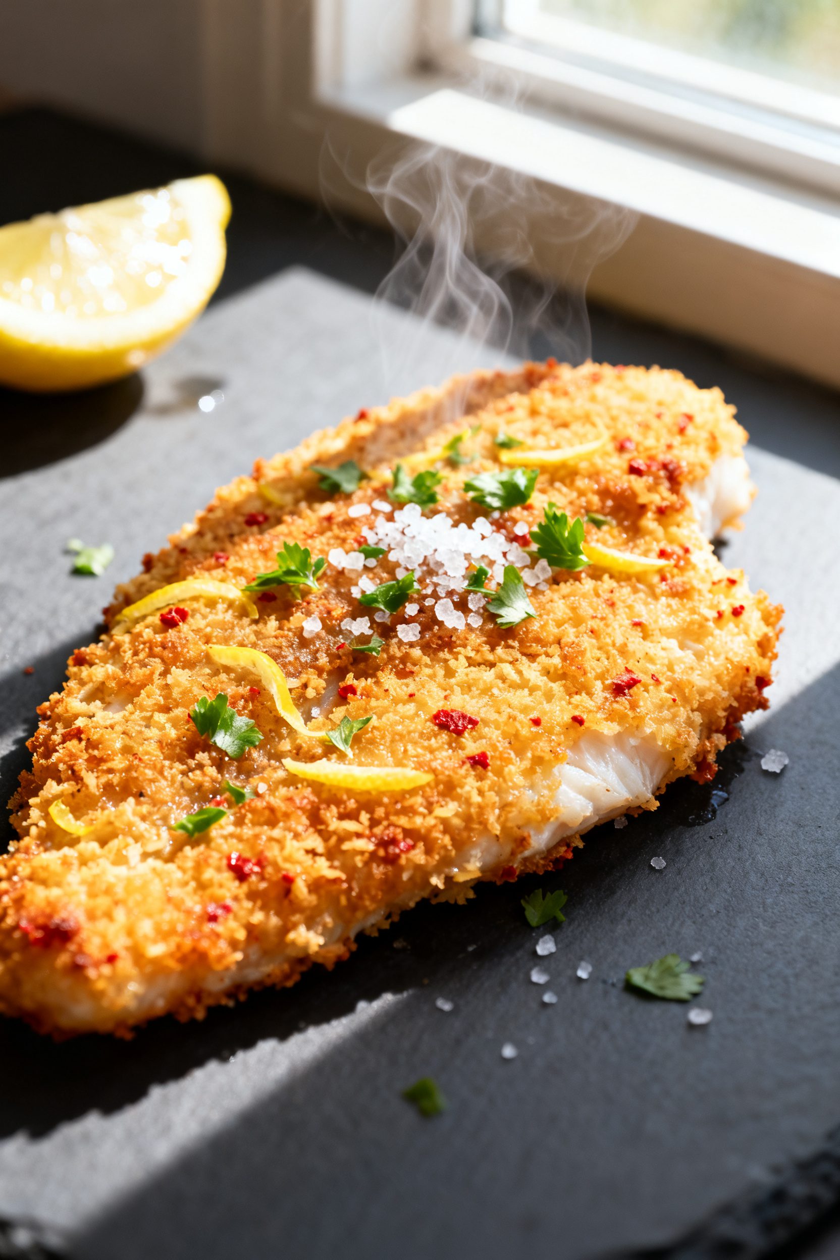Close-up detail: Golden, panko-crusted tilapia fillet just out of the air fryer, deep golden-brown c