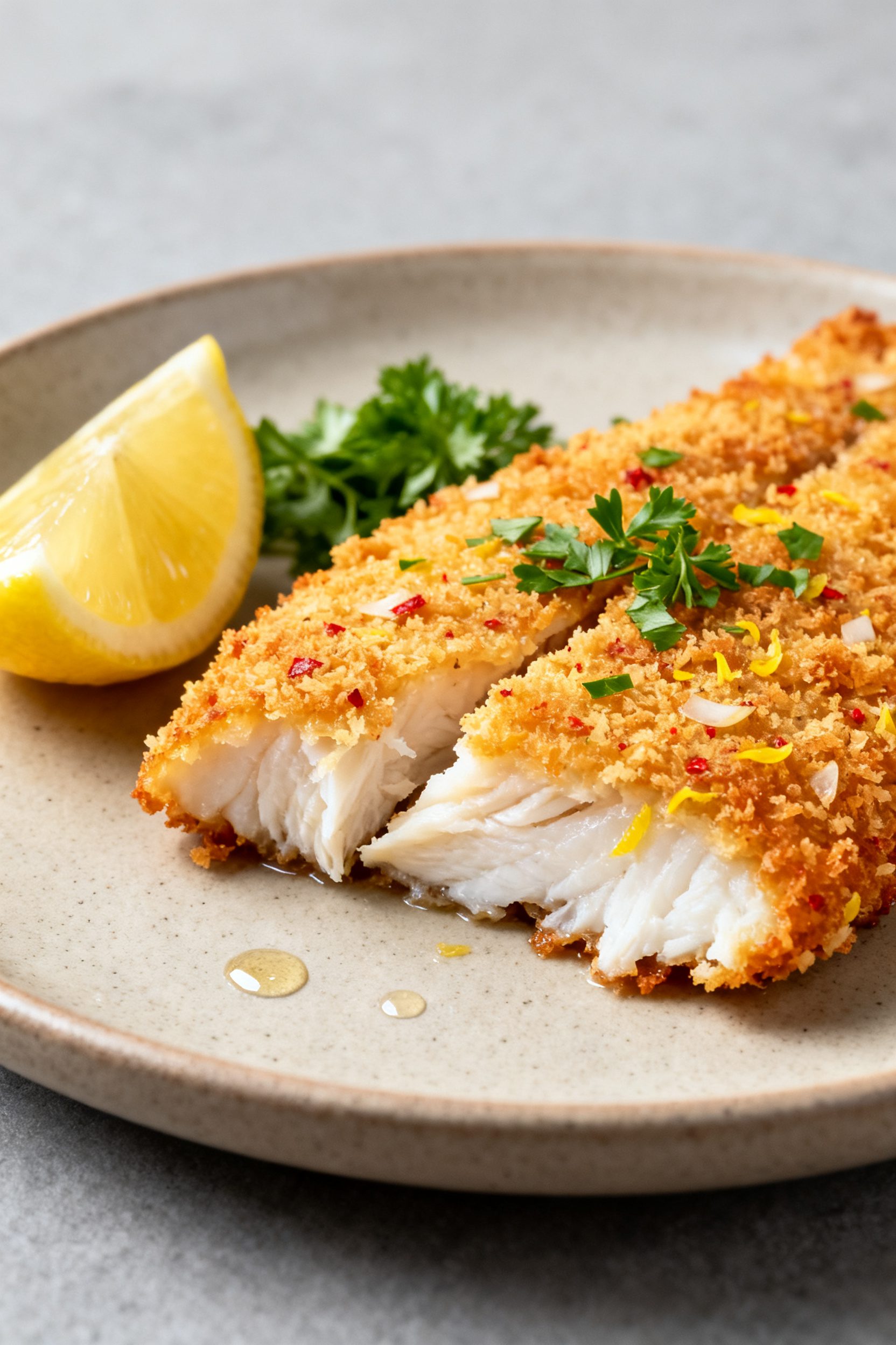 Close-up detail: Golden panko-crusted tilapia just out of the air fryer, ultra-crispy crust with vis
