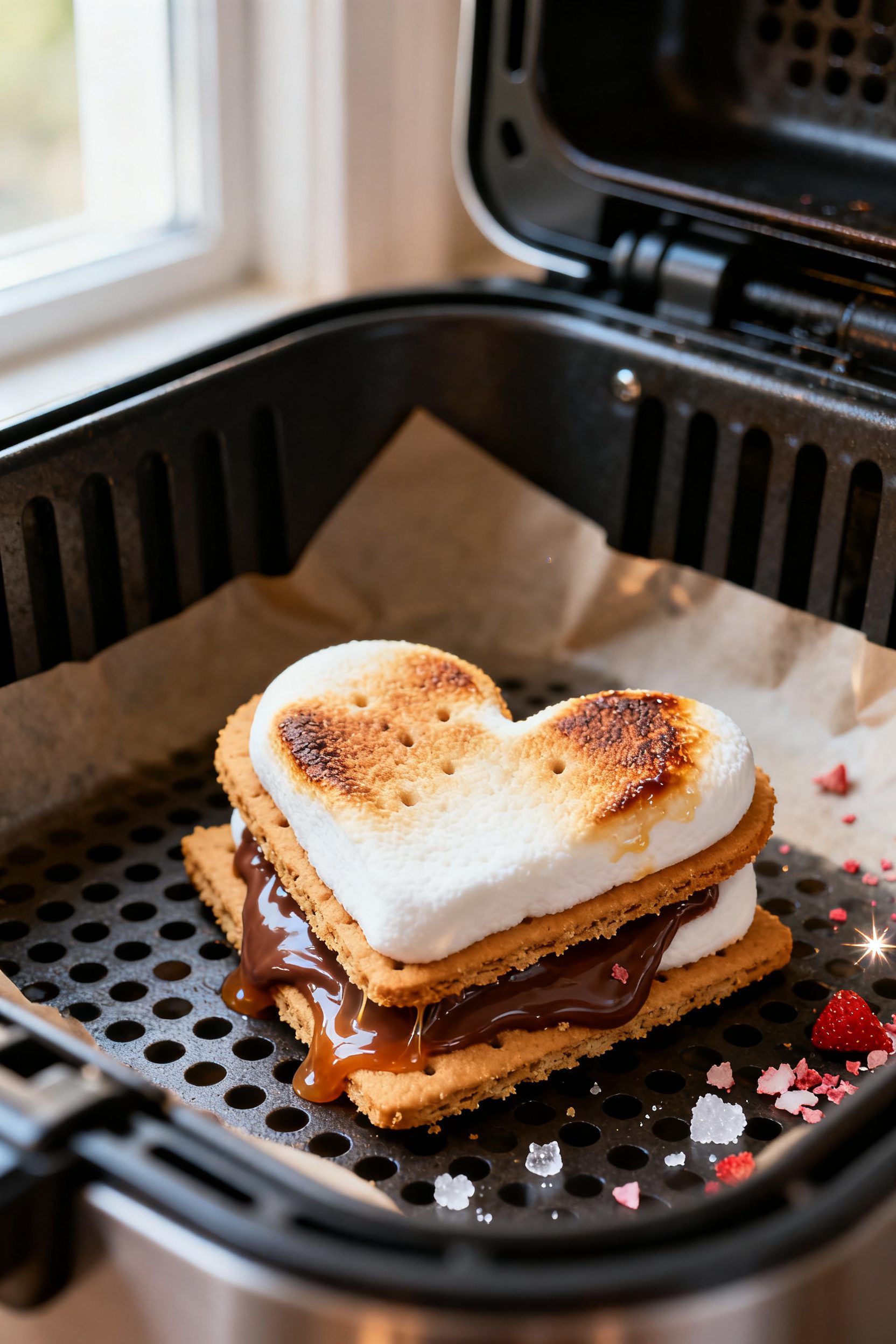 Close-up detail: Heart-shaped s’more just out of the air fryer, marshmallow puffed and lightly gol