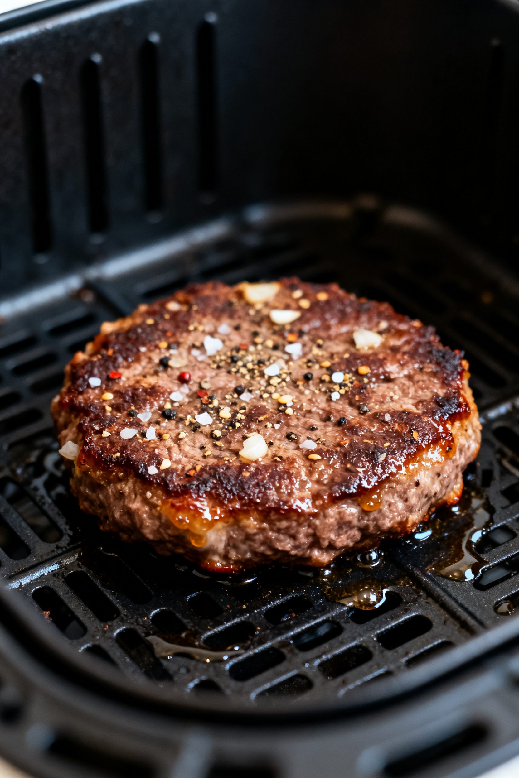 Close-up detail: Juicy air-fried beef patty just after the flip in a preheated air fryer basket at 3