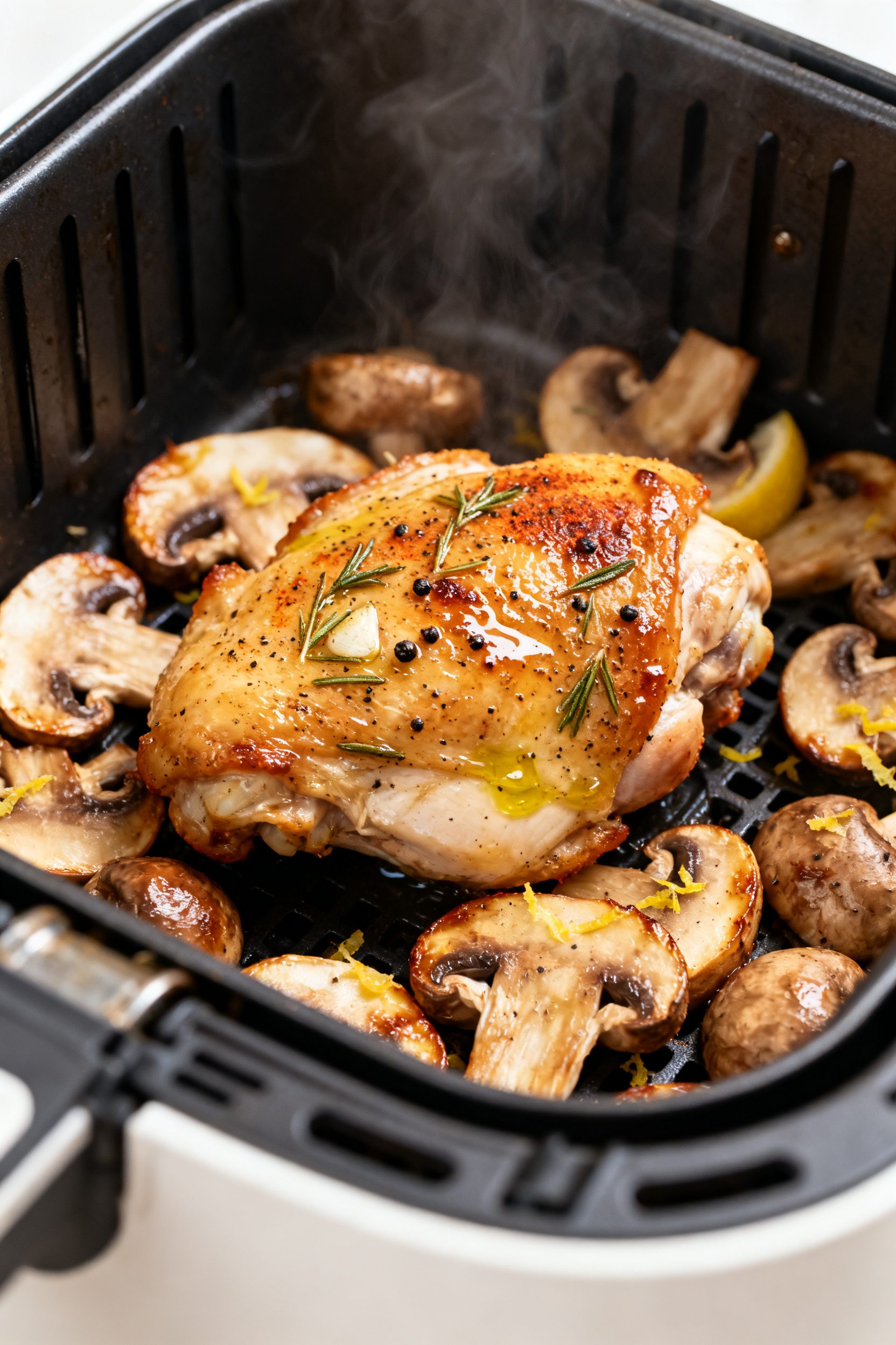 Close-up detail: Juicy air-fried chicken thigh just flipped in the basket at 380°F, glistening with