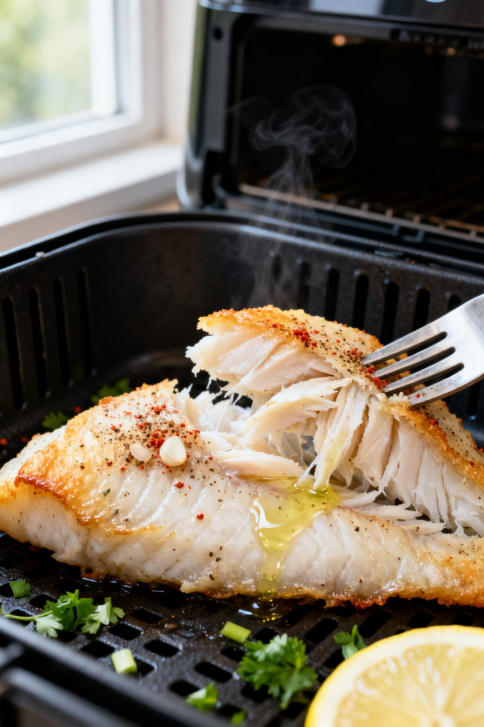 Close-up detail: Juicy air-fried cod fillet just out of the basket with a light golden edge and visi