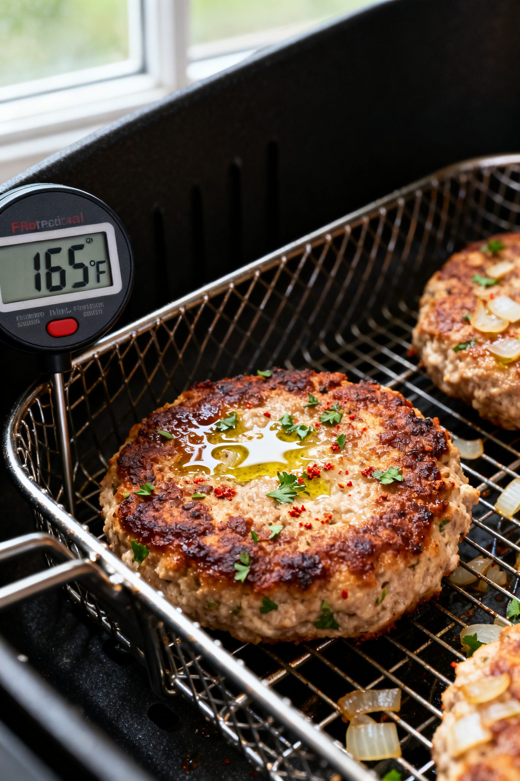 Close-up detail: Juicy air-fried ground chicken patty just out of the basket, edges deeply browned a