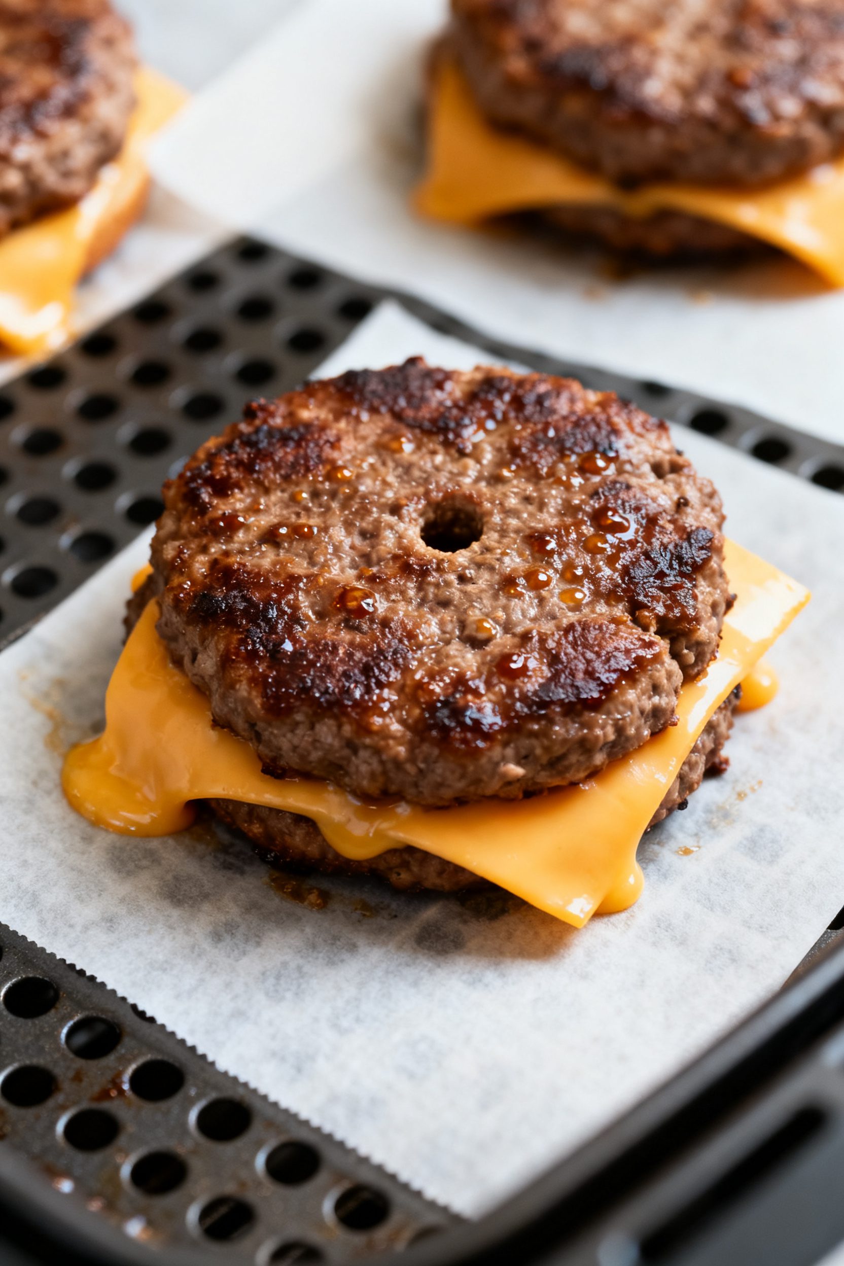 Close-up detail: Juicy air-fried hamburger patty just flipped in the air fryer basket at 375°F, dee