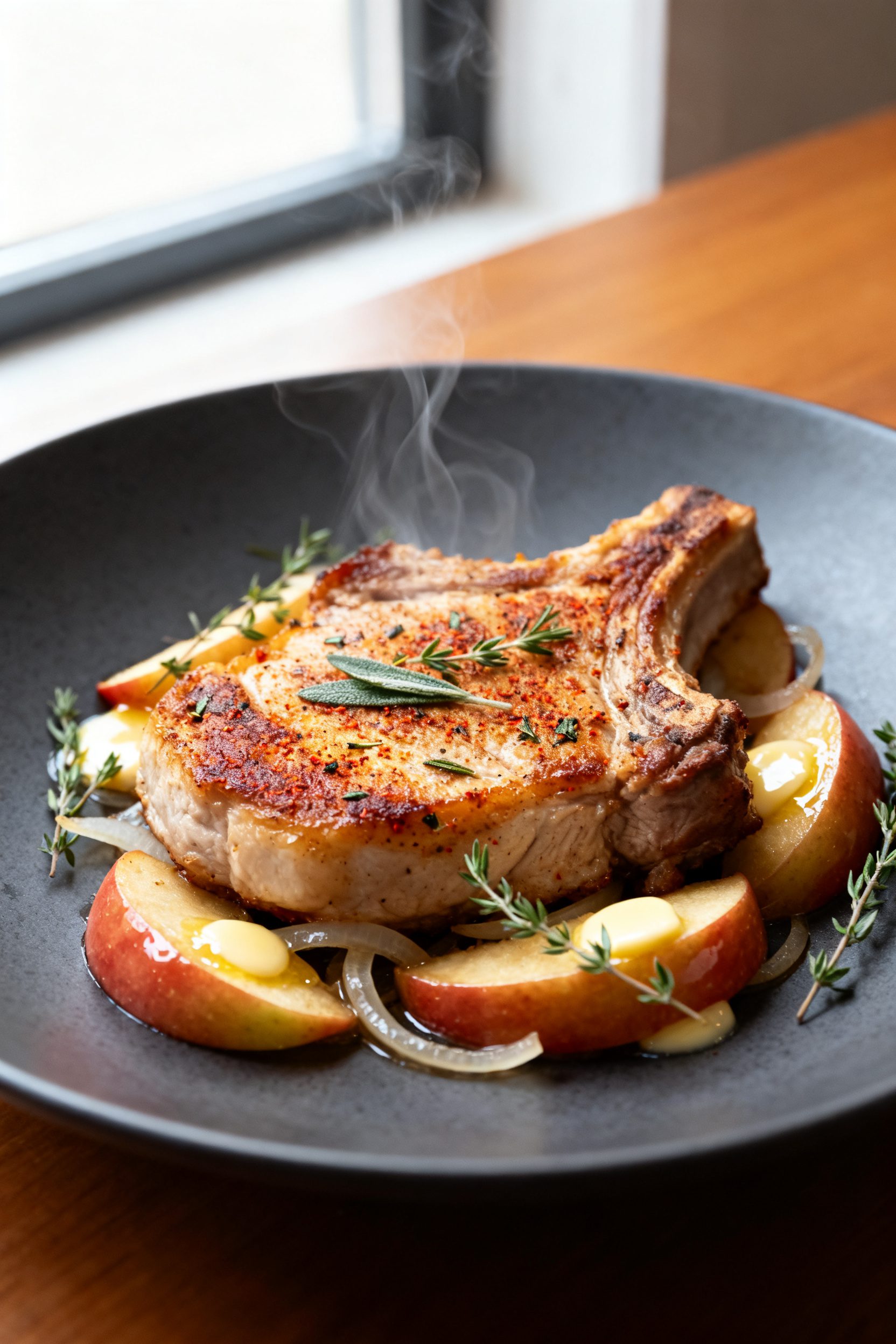 Close-up detail: Juicy air-fried pork chop just after cooking, golden caramelized crust with visible