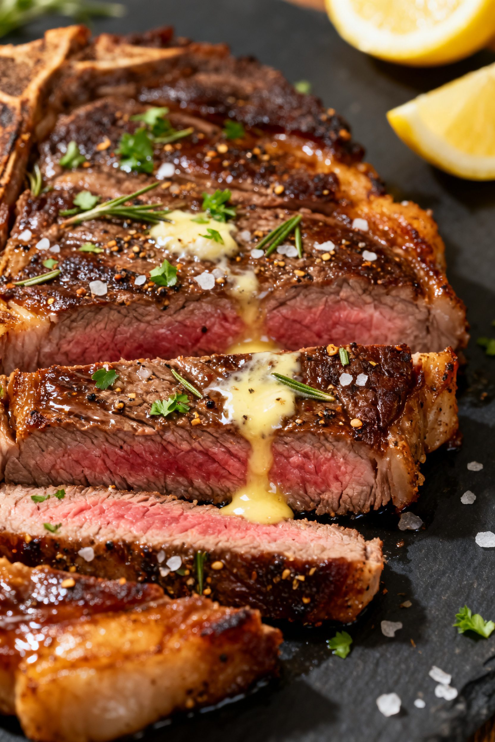 Close-up detail: Juicy, air-fried ribeye just after resting, sliced against the grain into thick str