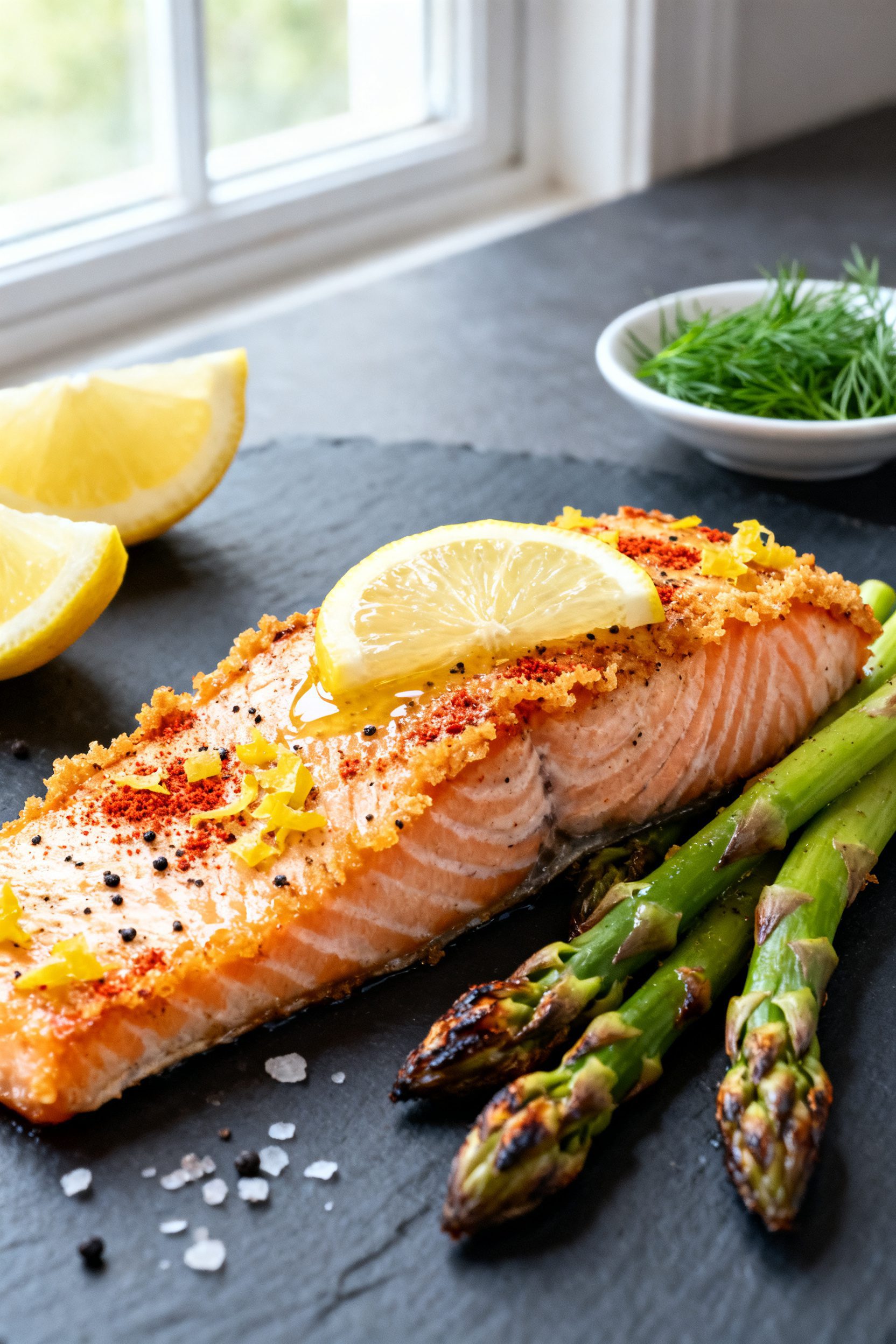 Close-up detail: Juicy air-fried salmon fillet with crispy, golden edges and visible lemon zest and