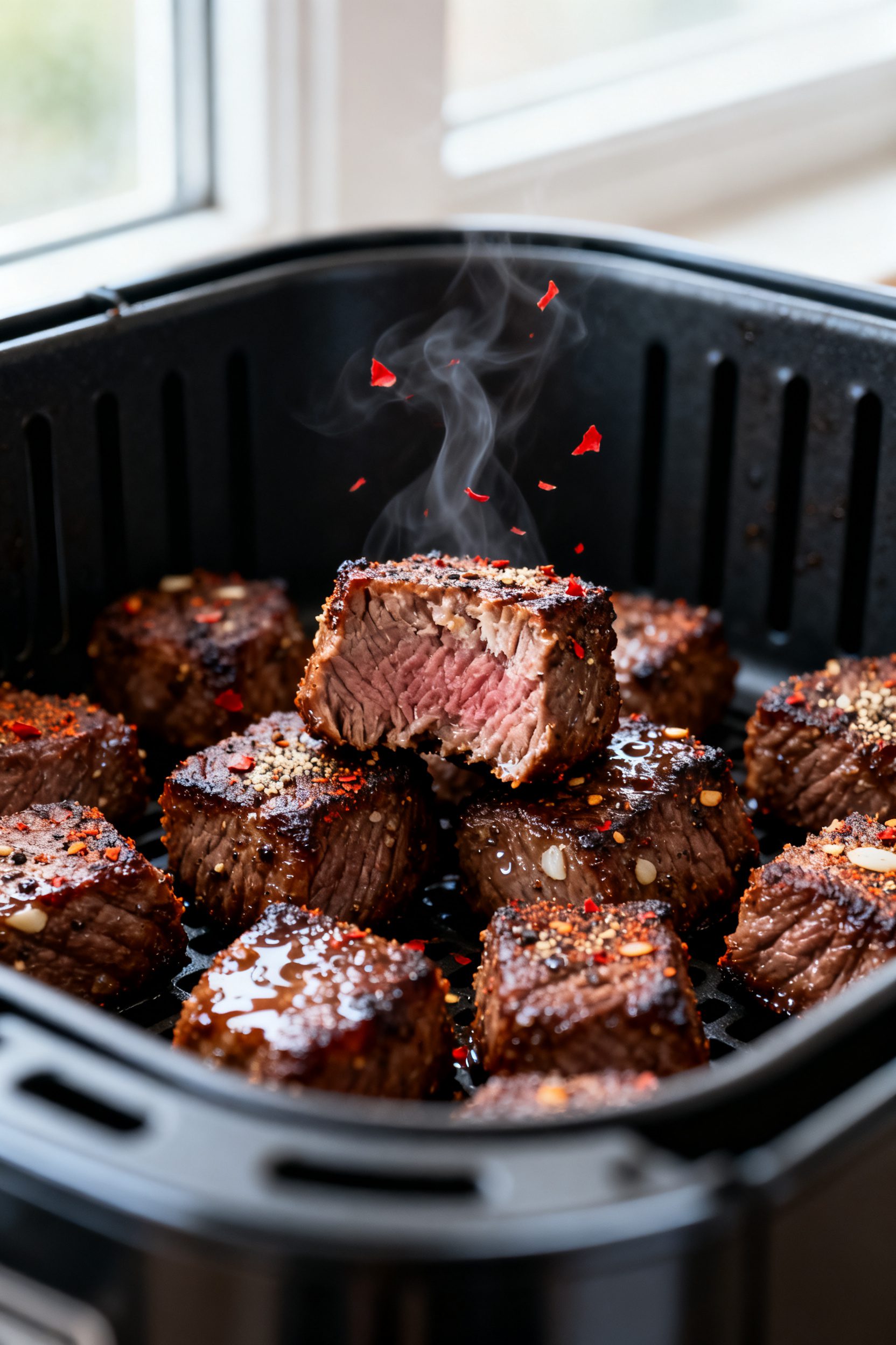 Close-up detail: Juicy air-fried steak bites just out of the basket, deep brown seared crust with vi