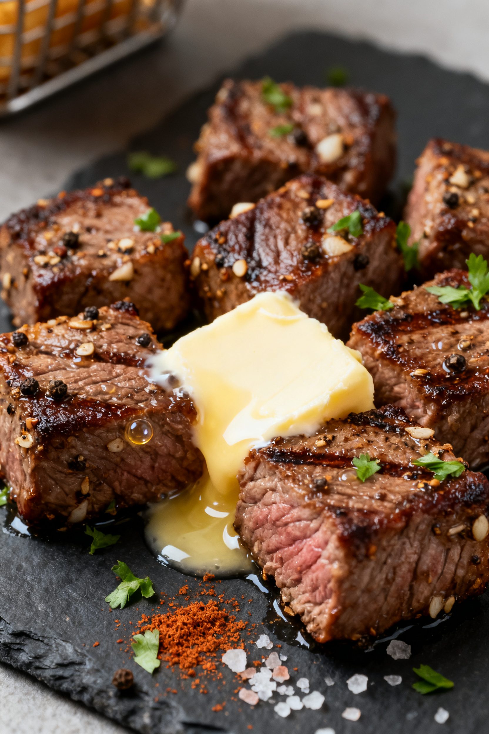 Close-up detail: Juicy air-fried steak cubes just out of the basket, edges deeply browned with a pep