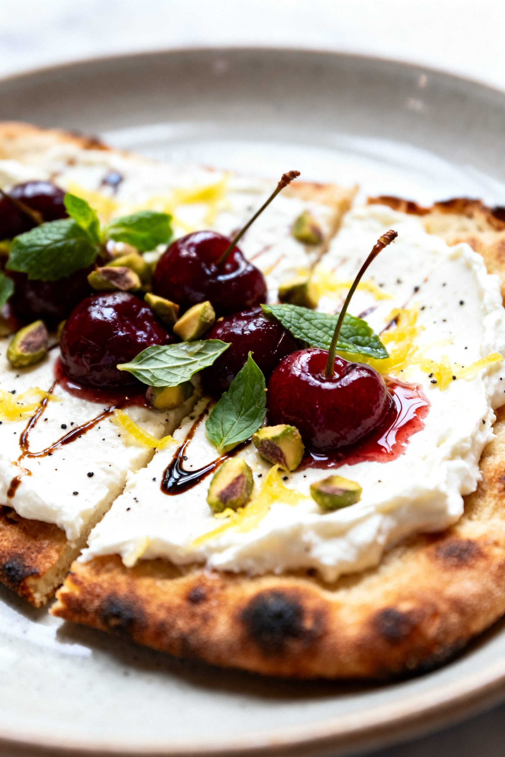 Close-up detail: Macro-style slice of the flatbread held on a plate (no hands) with focus on texture