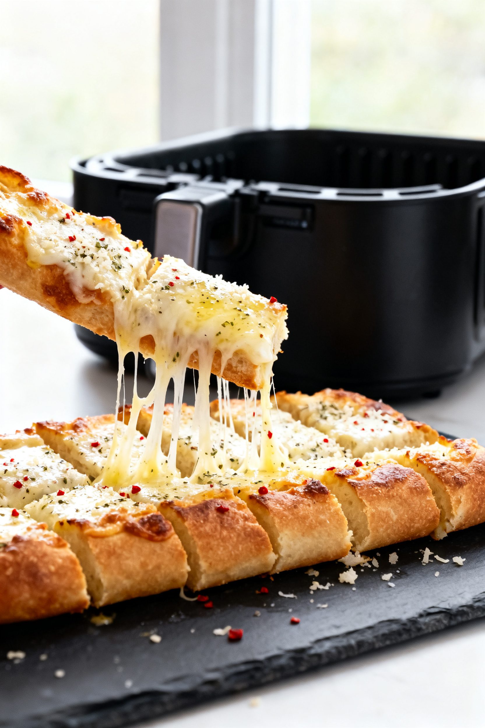 Close-up detail: Melted mozzarella and Parmesan-topped air fryer cheese bread sticks just out of the