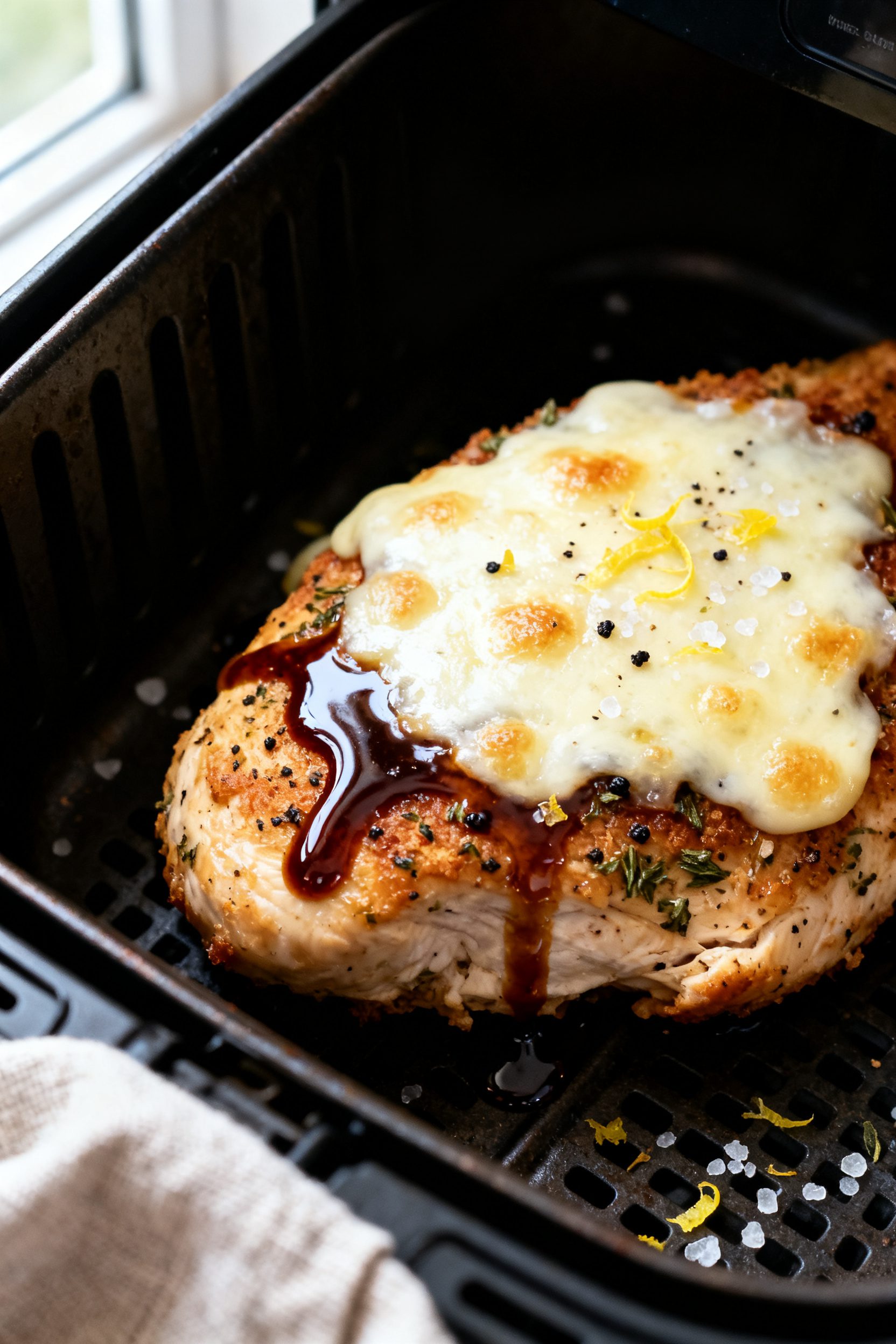 Close-up detail: Melty mozzarella-topped air-fried chicken breast just out of the basket, cheese bub