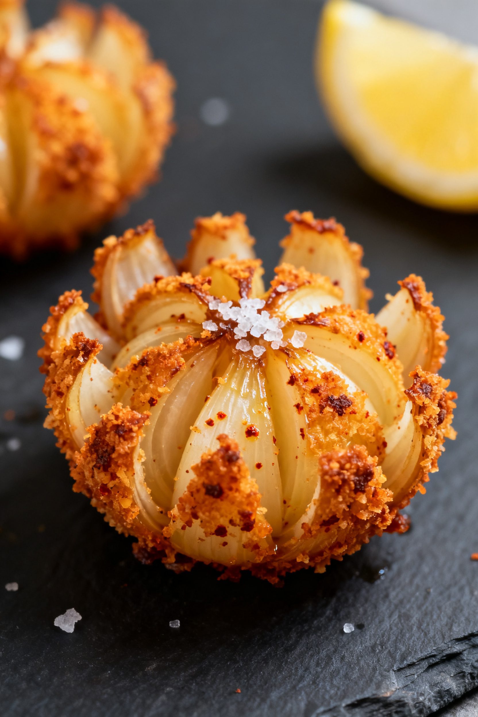 Close-up detail: Mini blooming onion just out of the air fryer, petals fanned open and coated in dee