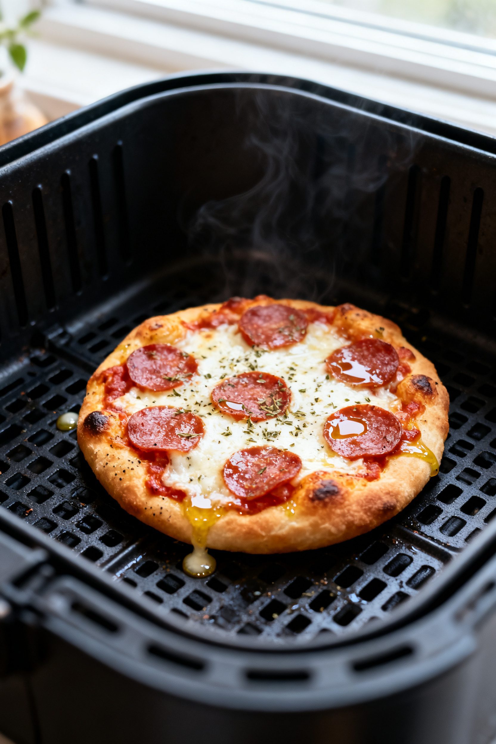 Close-up detail: Mini frozen pepperoni pizza just out of the air fryer with blistered, bubbly mozzar