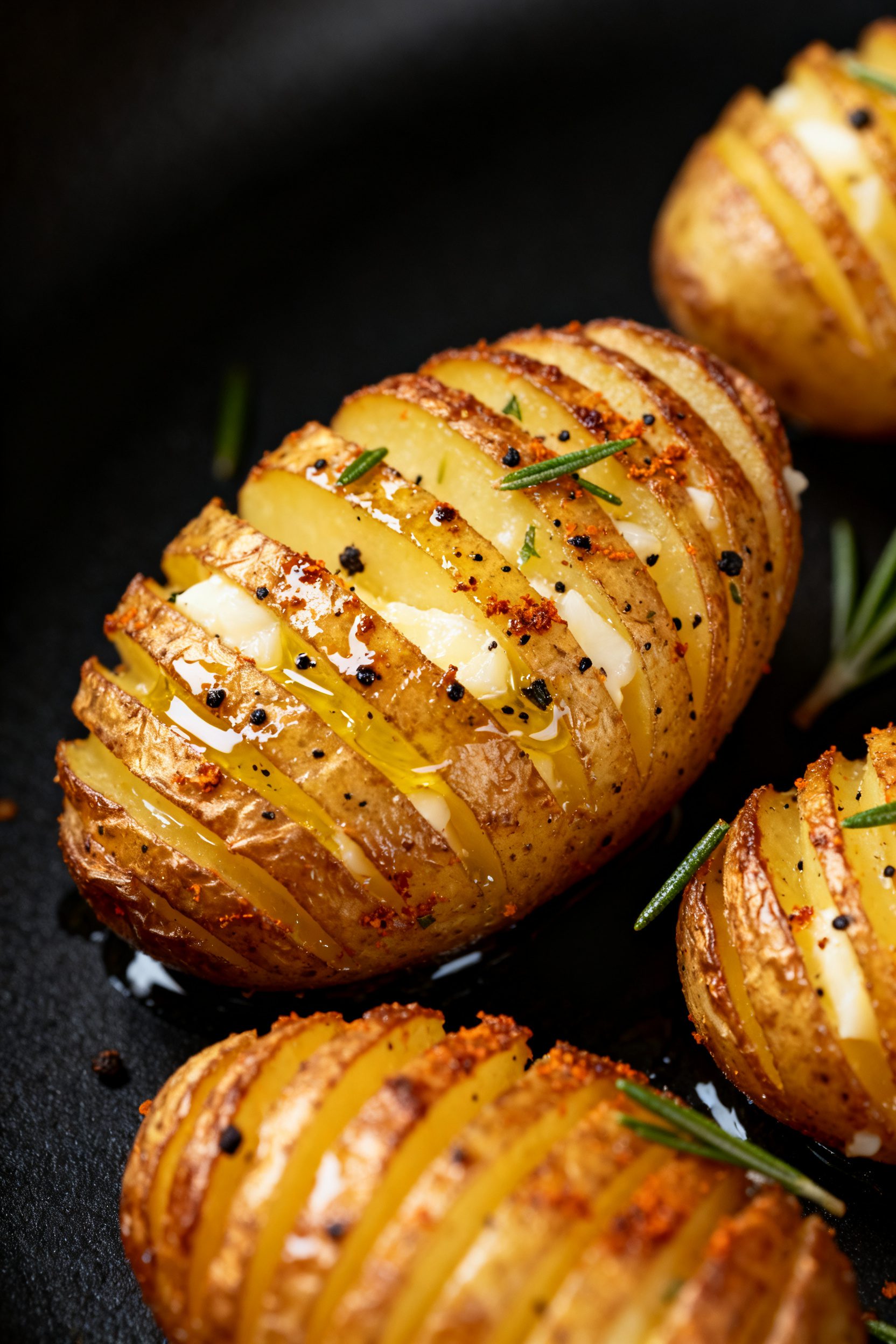 Close-up detail: Mini Hasselback potatoes fresh from the air fryer, deeply golden-brown with crisp, 