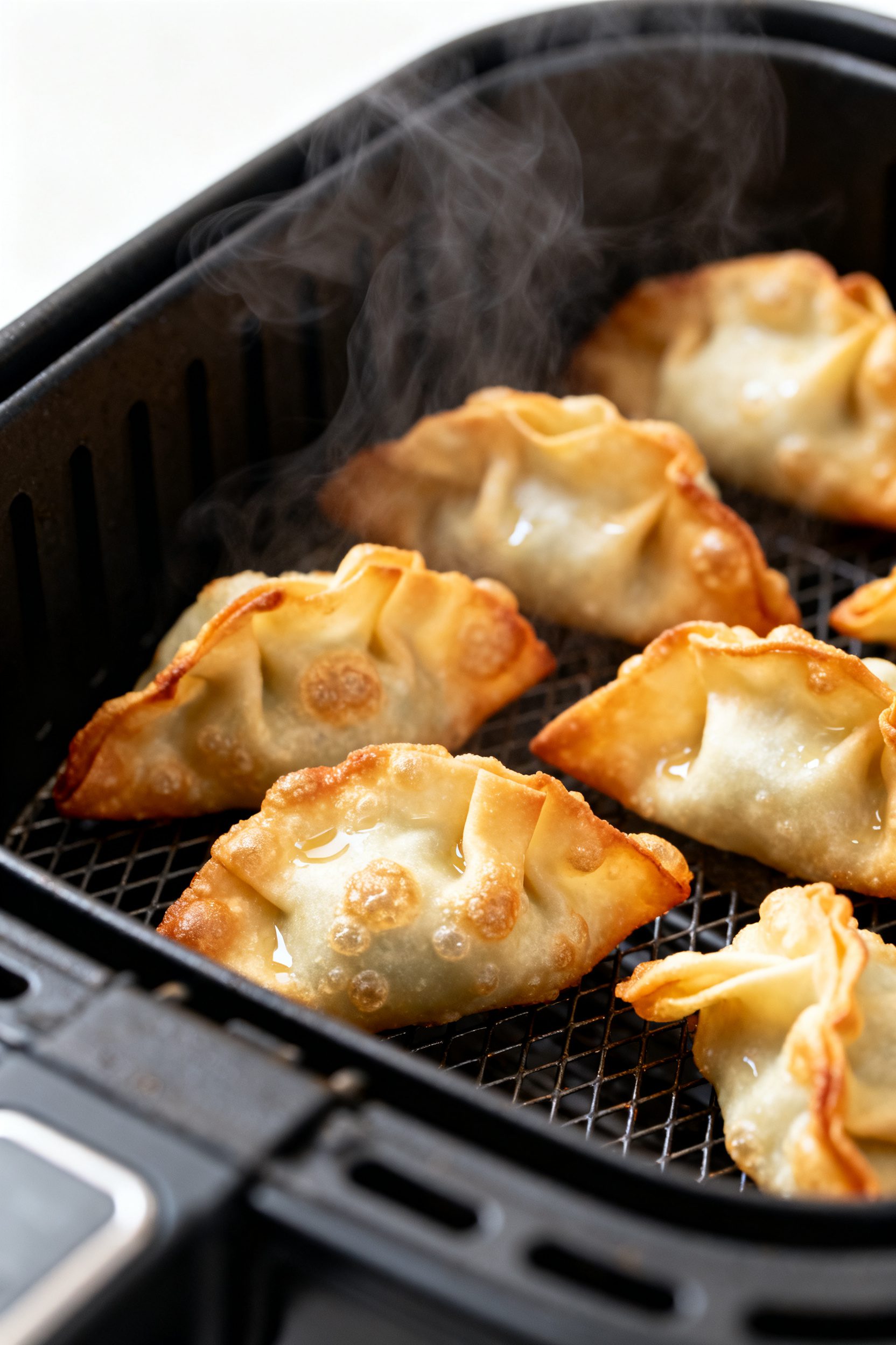 Close-up detail: Mini wontons just out of the air fryer basket at 375°F, wrappers blistered and gol
