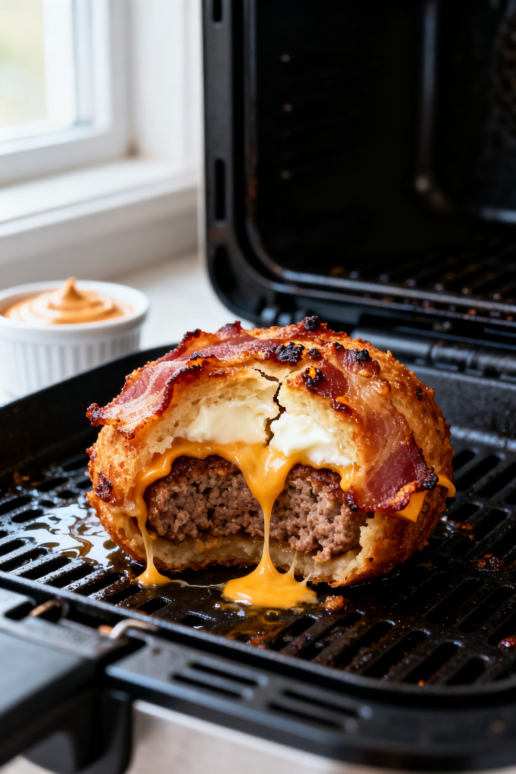 Close-up detail of a cooked armadillo egg just out of the air fryer, bacon rendered deep golden and 