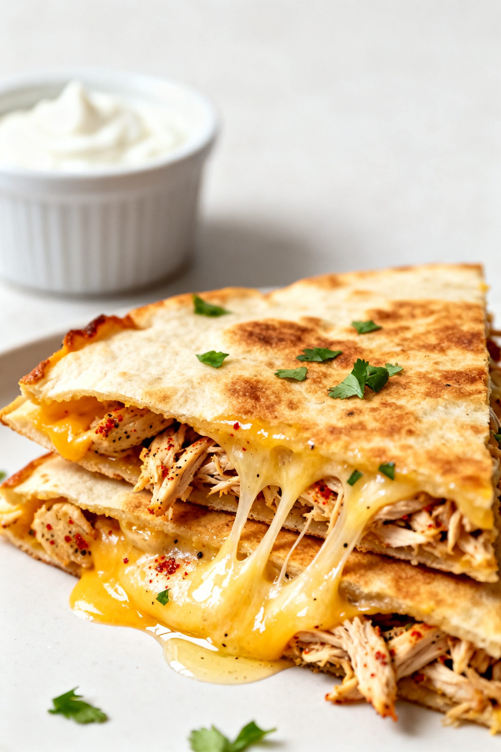 Close-up detail of a freshly air-fried chicken quesadilla wedge just after slicing: golden, blistere