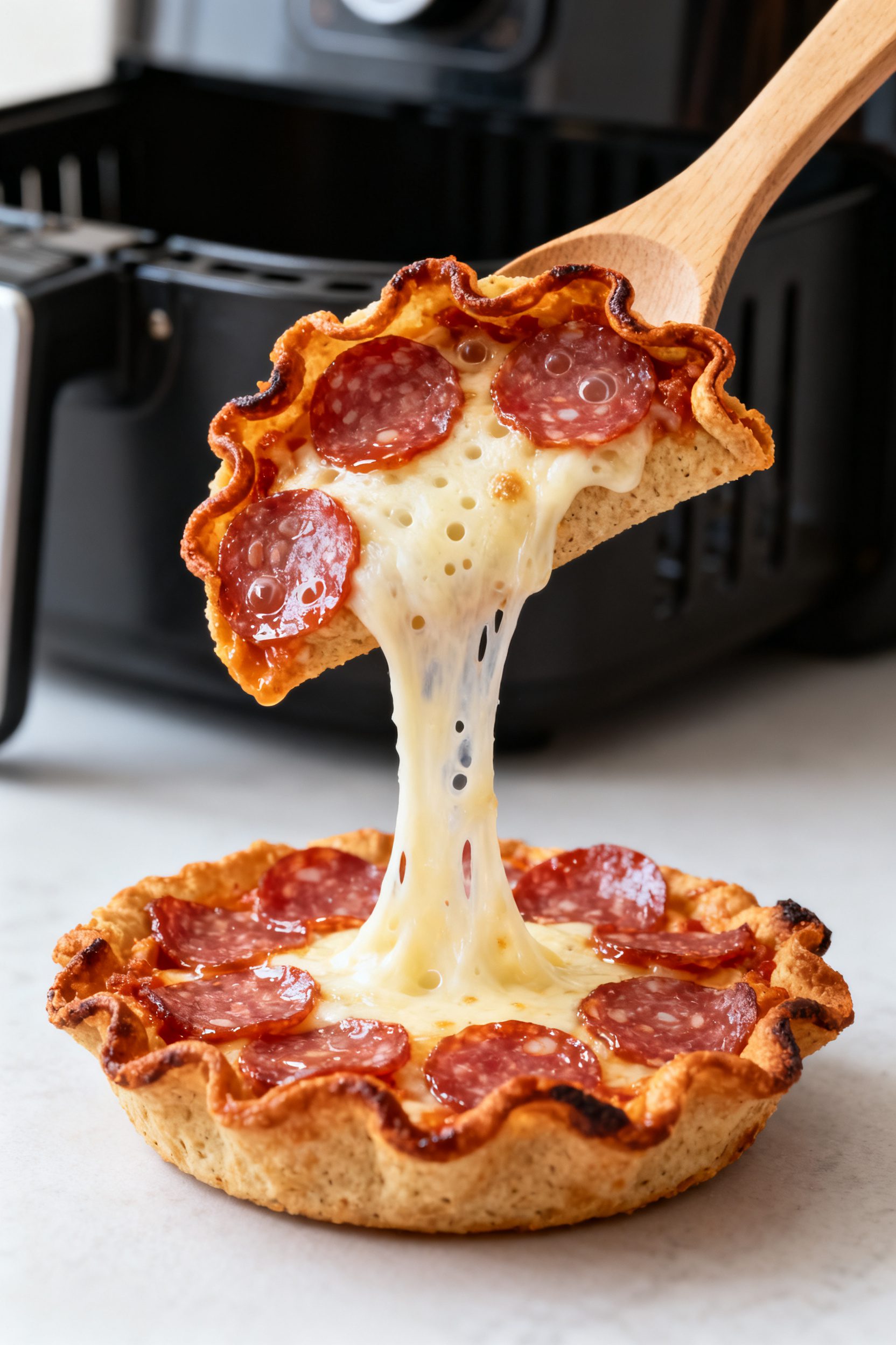 Close-up detail of a freshly air-fried salami “taco shell” just after melting cheese: curled, cr