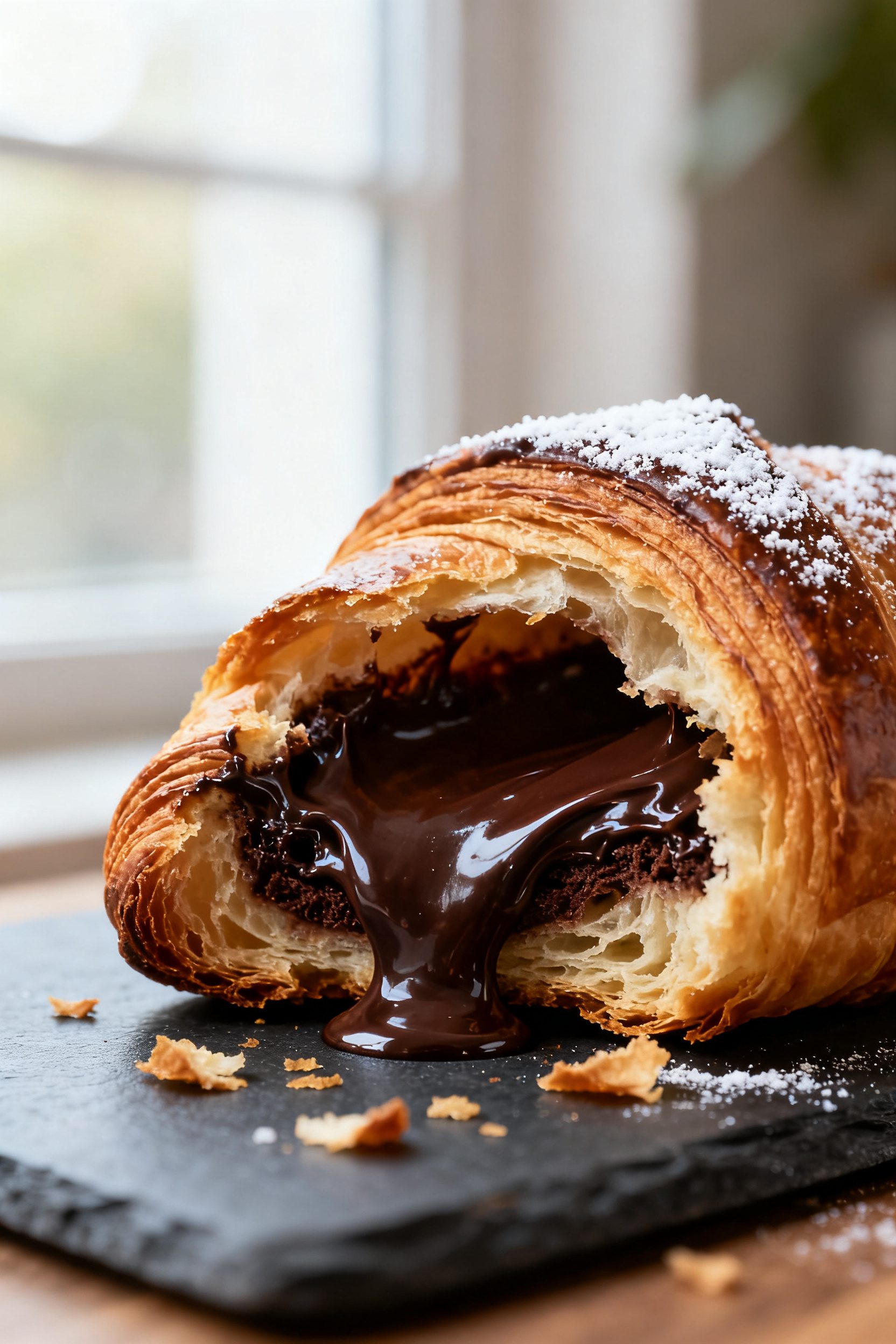 Close-up detail of a just-cooked air fryer chocolate croissant torn open to reveal glossy, molten da