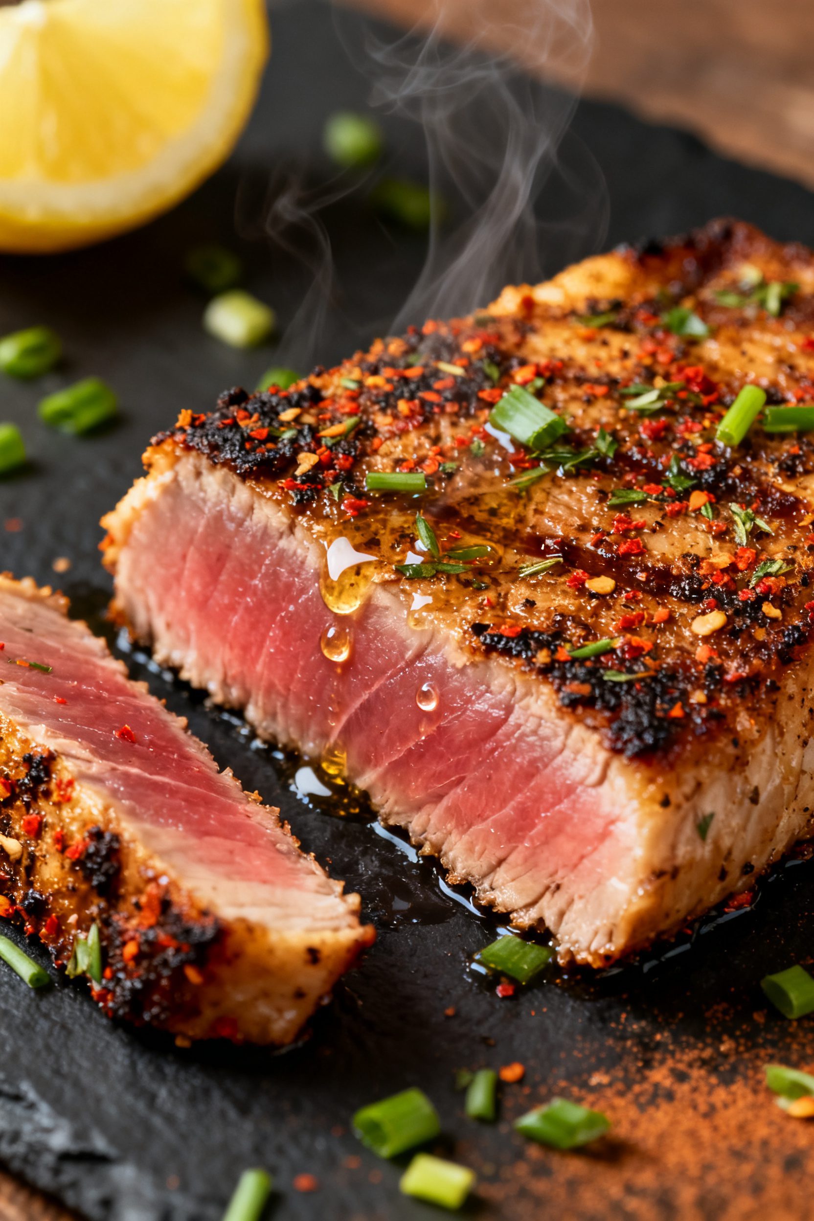 Close-up detail of air-fried blackened tuna steak just after slicing, showing a peppery, smoky spice