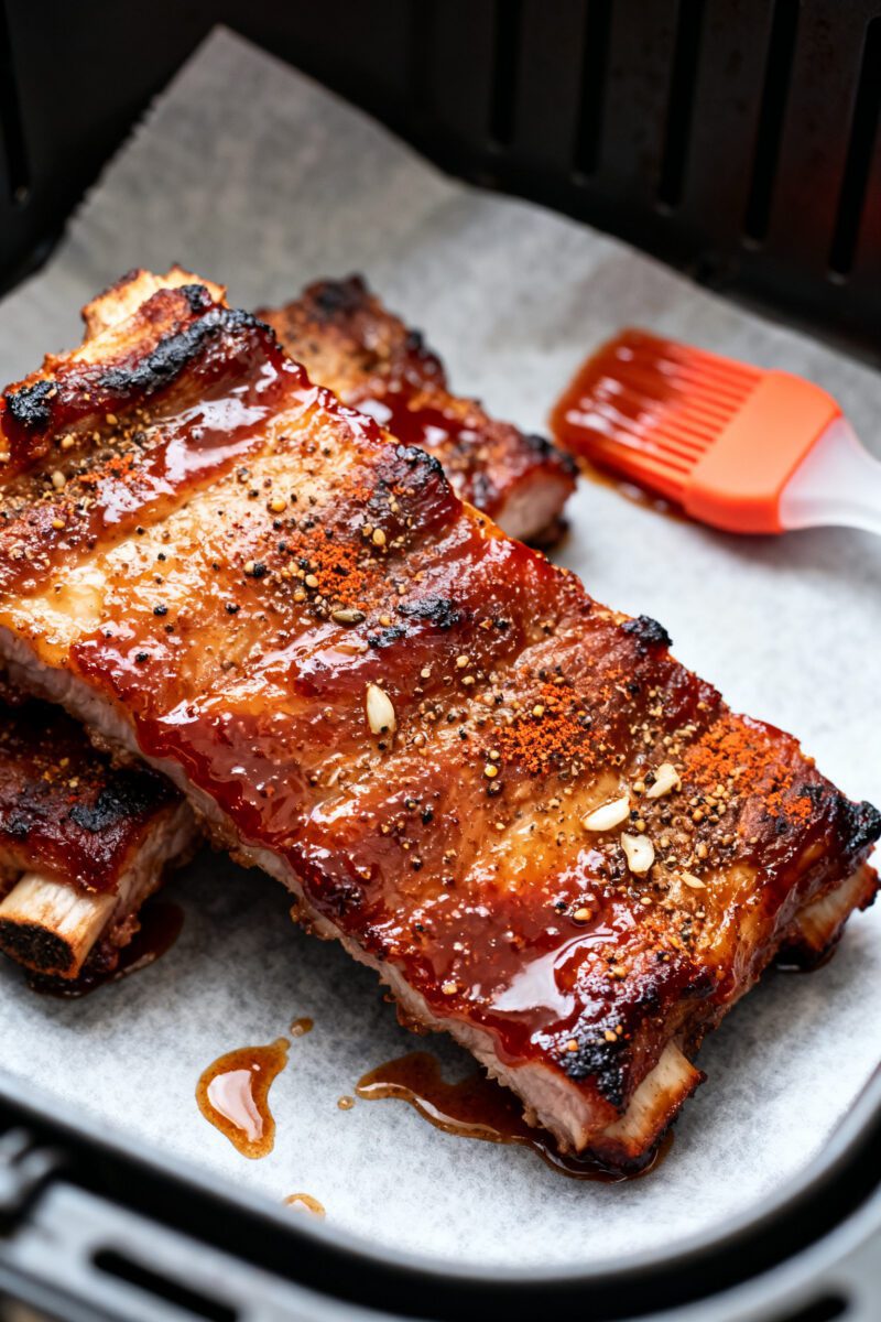 Close-up detail of air-fried boneless country-style pork ribs just after the glaze step, showing a g