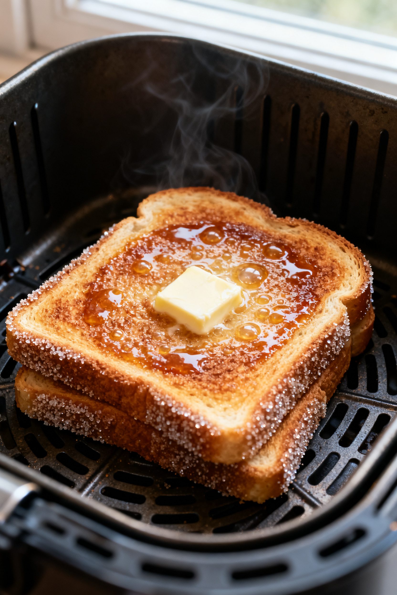 Close-up detail of air-fried cinnamon sugar toast just out of the basket, buttered side up with a th