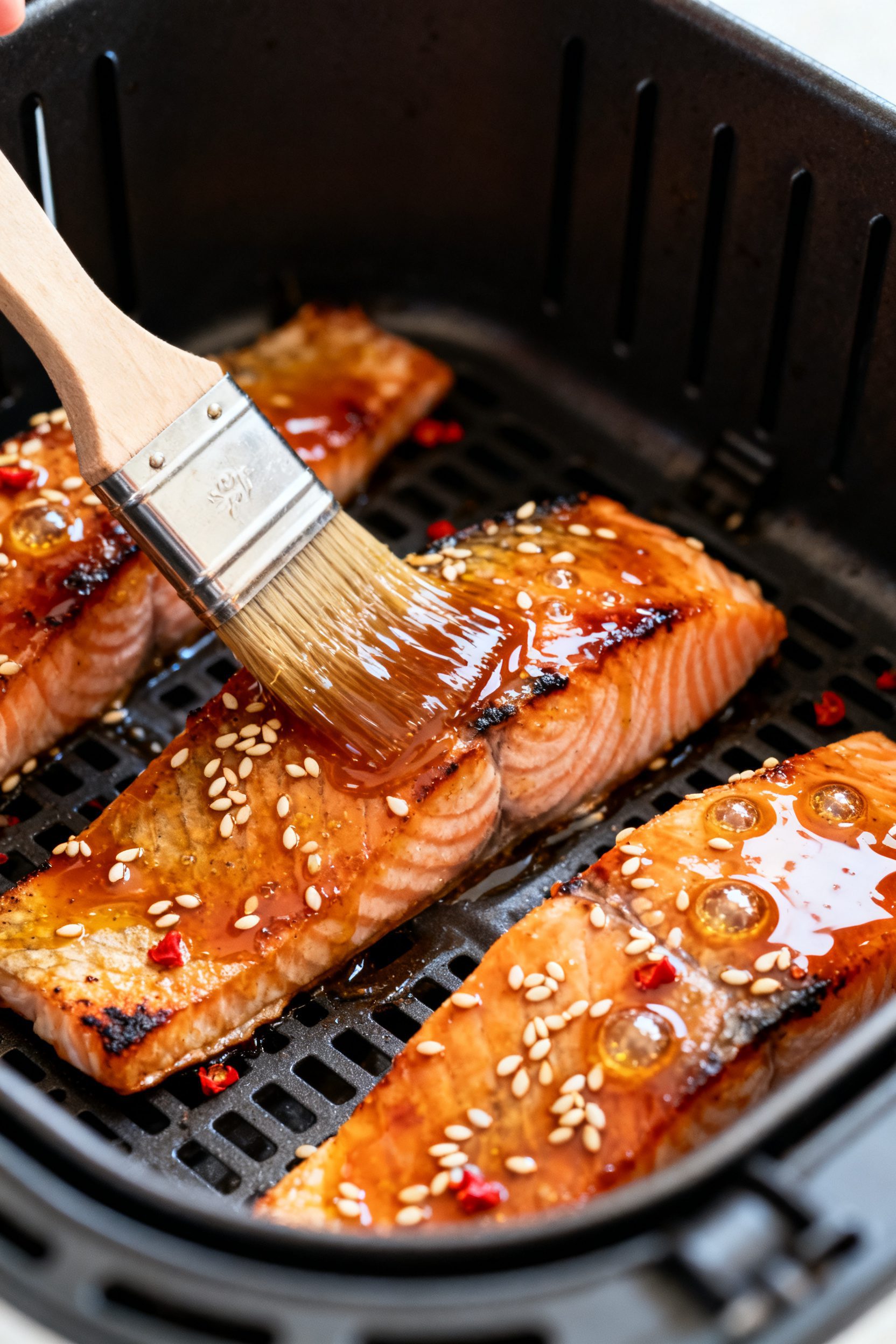 Close-up detail of air-fried honey glazed salmon mid-cook in the basket: caramelized, lacquered surf