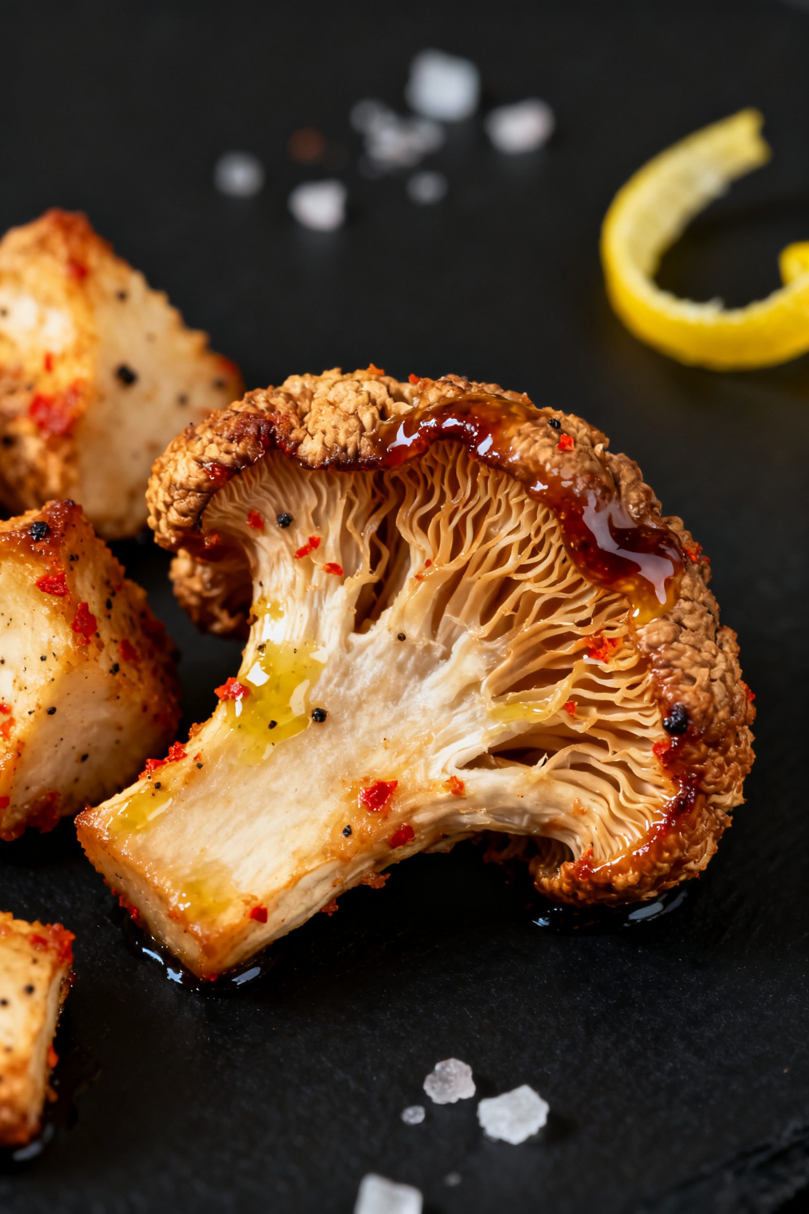 Close-up detail of air-fried lion’s mane mushroom chunks just out of the basket at 380°F—golden