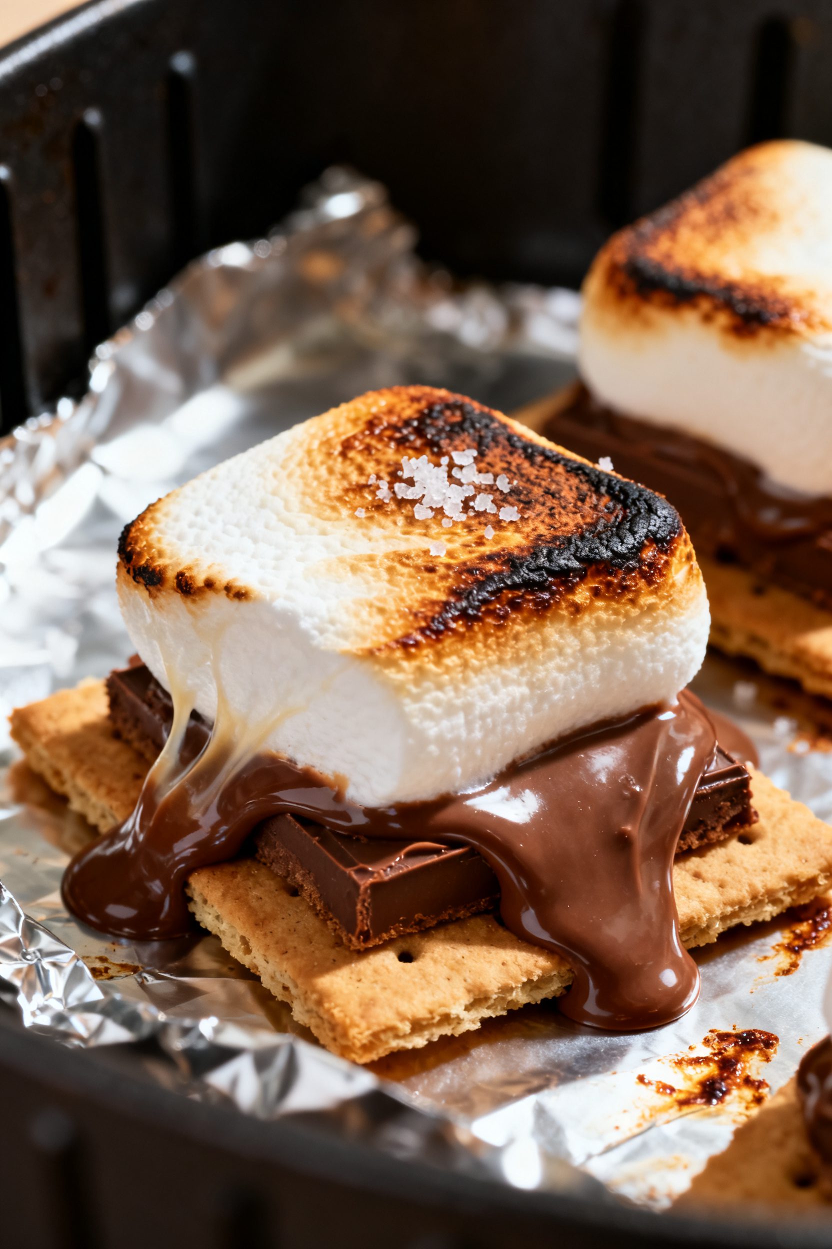 Close-up detail of air-fried s’mores just out of the basket: golden-toasted marshmallow tops with