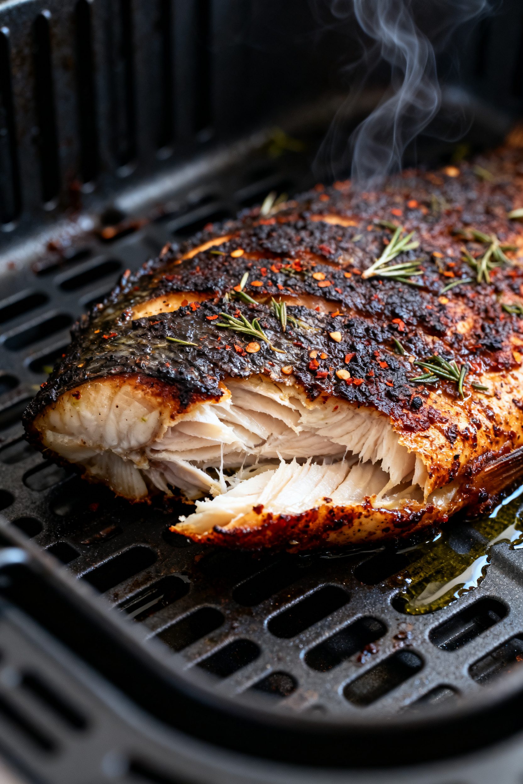 Close-up detail of air fryer blackened fish just finished cooking in the basket: crisp, dark mahogan