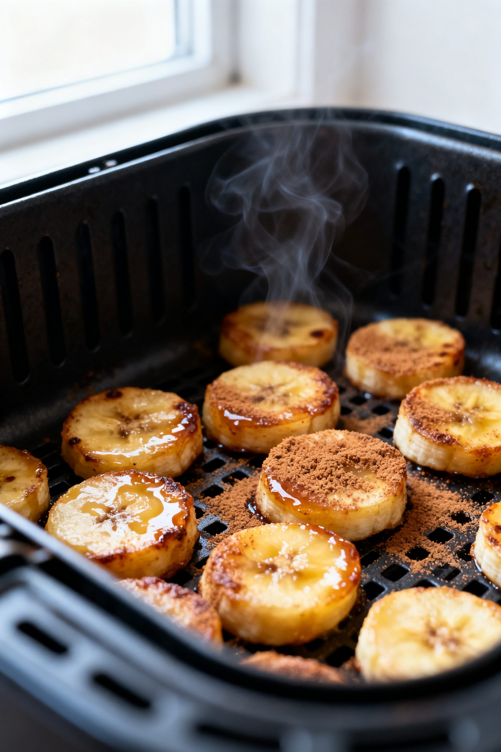 Close-up detail of caramelized cinnamon-sugar banana rounds just out of the air fryer, edges golden 