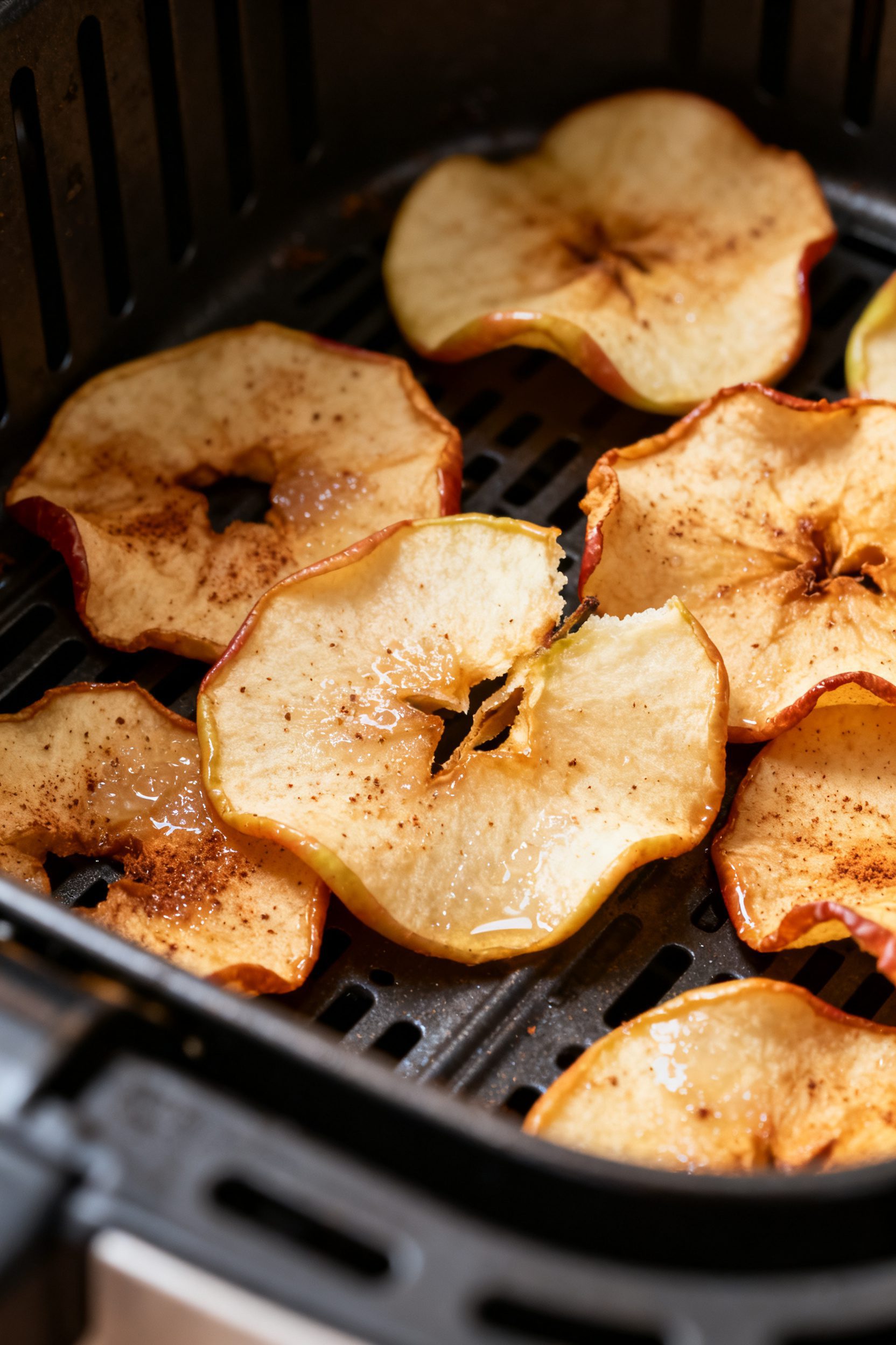 Close-up detail of freshly air-fried apple chips resting in the warm air fryer basket after the fina