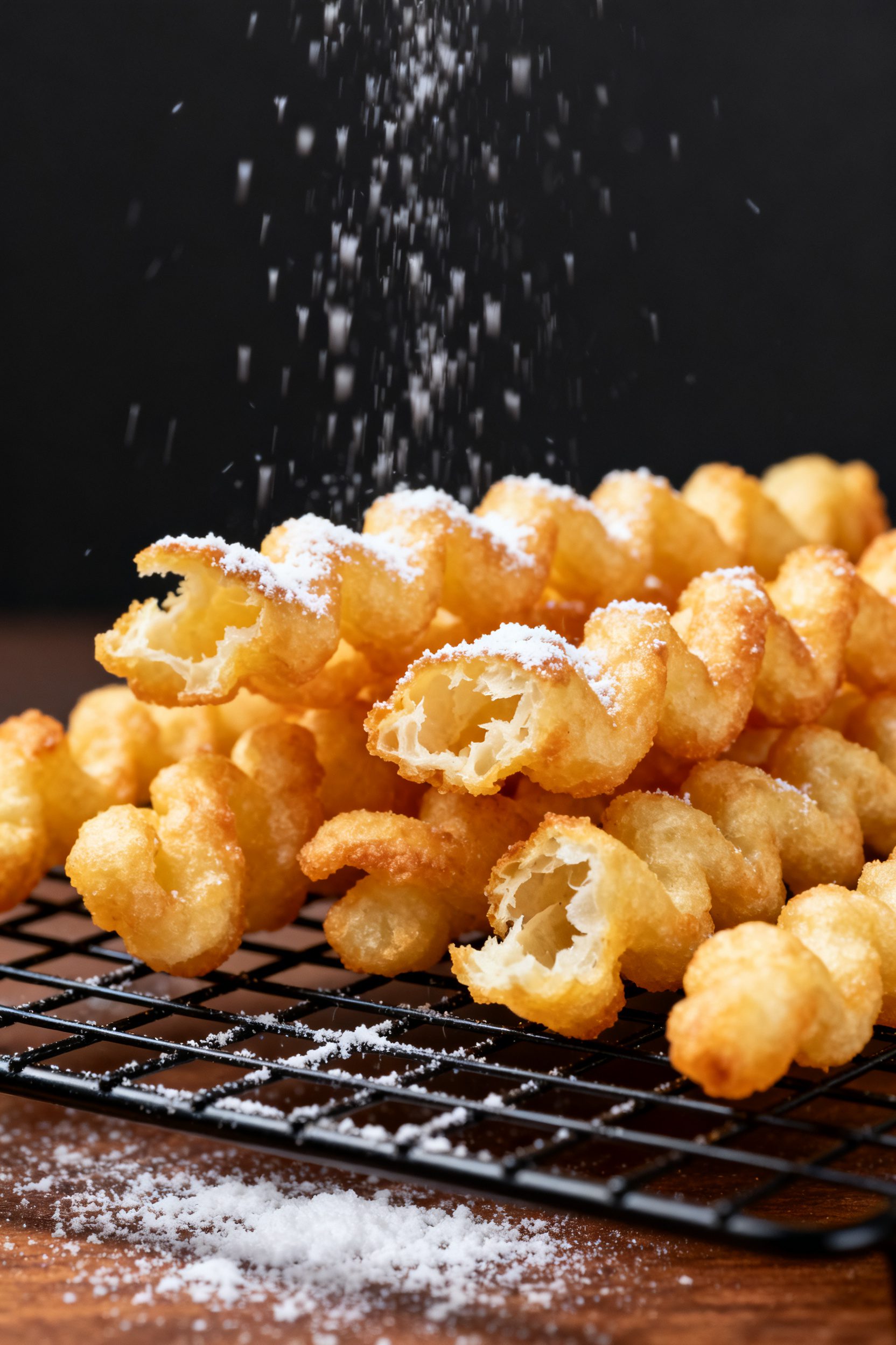 Close-up detail of freshly air-fried funnel cake fries resting on a wire rack, golden and puffed wit