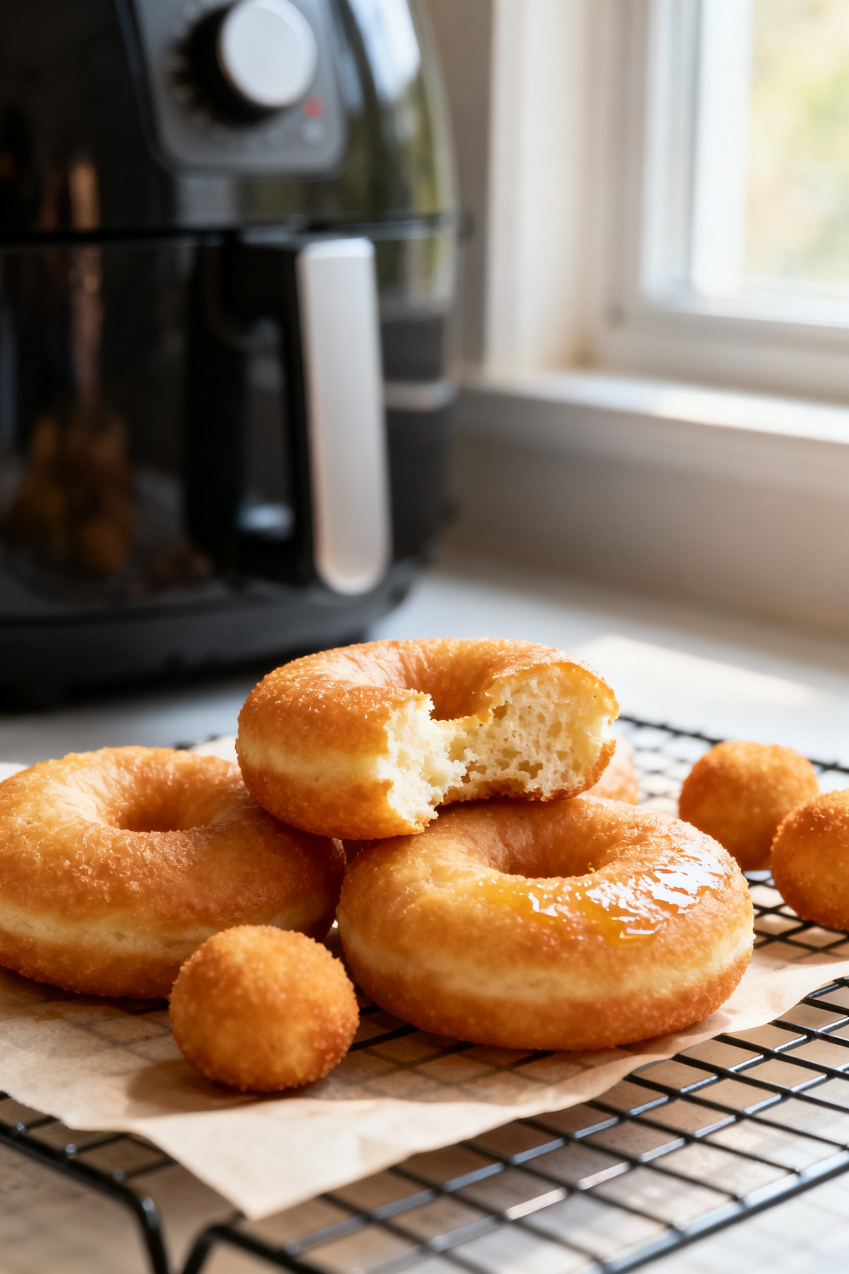 Close-up detail of freshly air-fried no-yeast donuts just out of the basket, golden and puffed with 