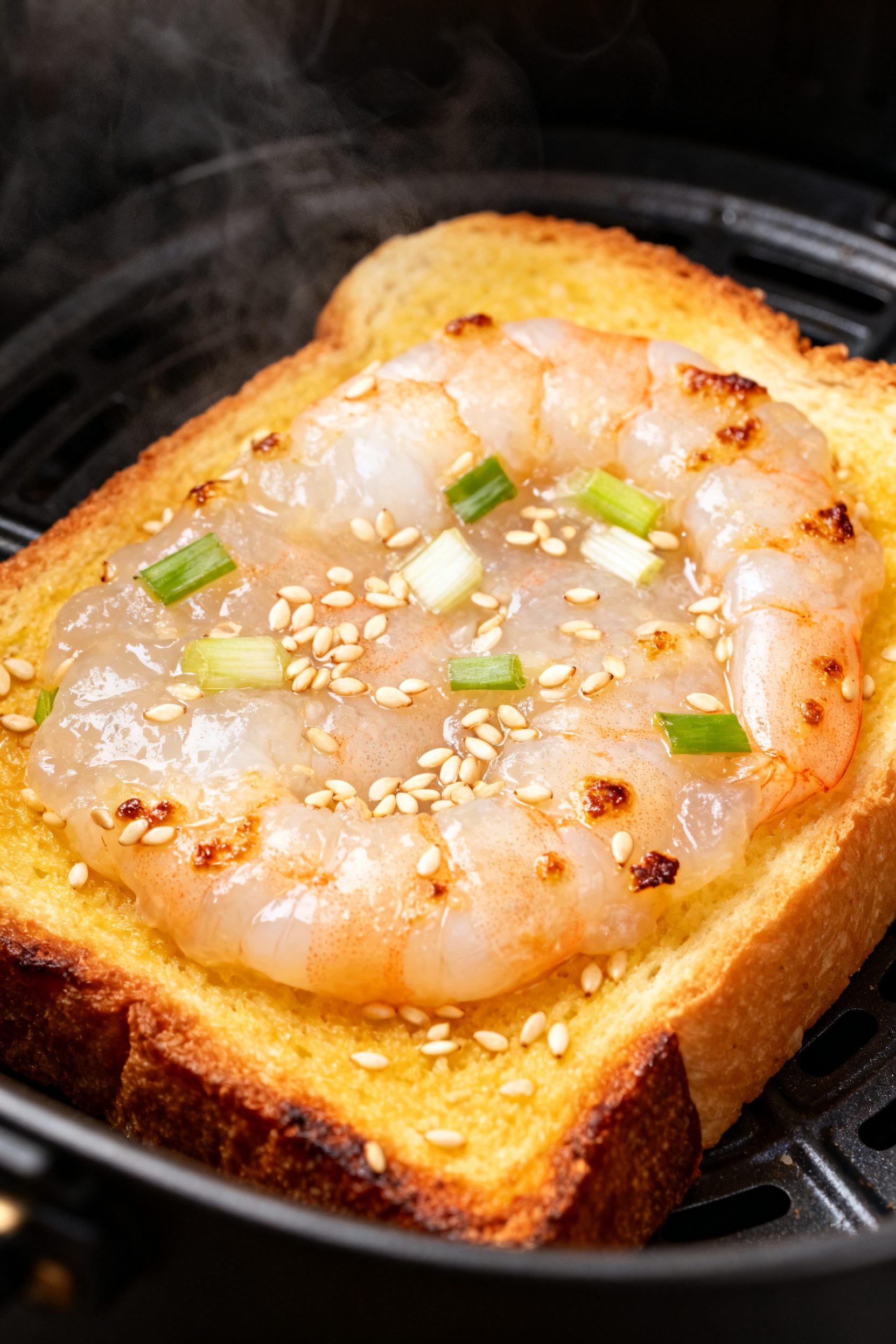 Close-up detail of golden air-fried sesame prawn toast just out of the basket: prawn-side up with a