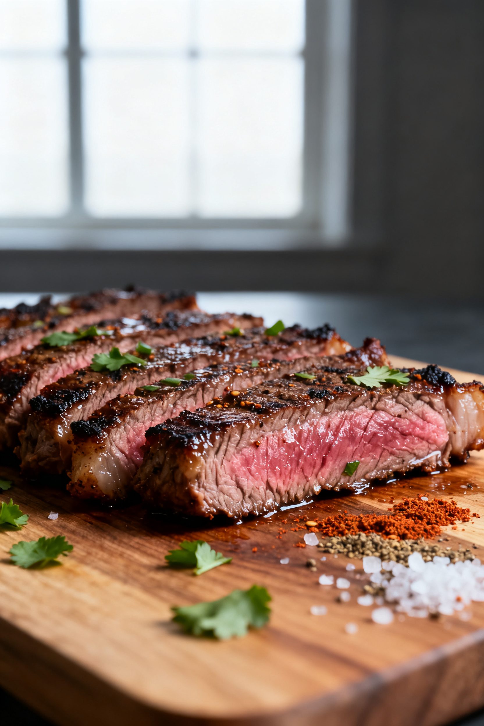 Close-up detail of sliced air-fried carne asada resting on a wooden cutting board, juices glistening