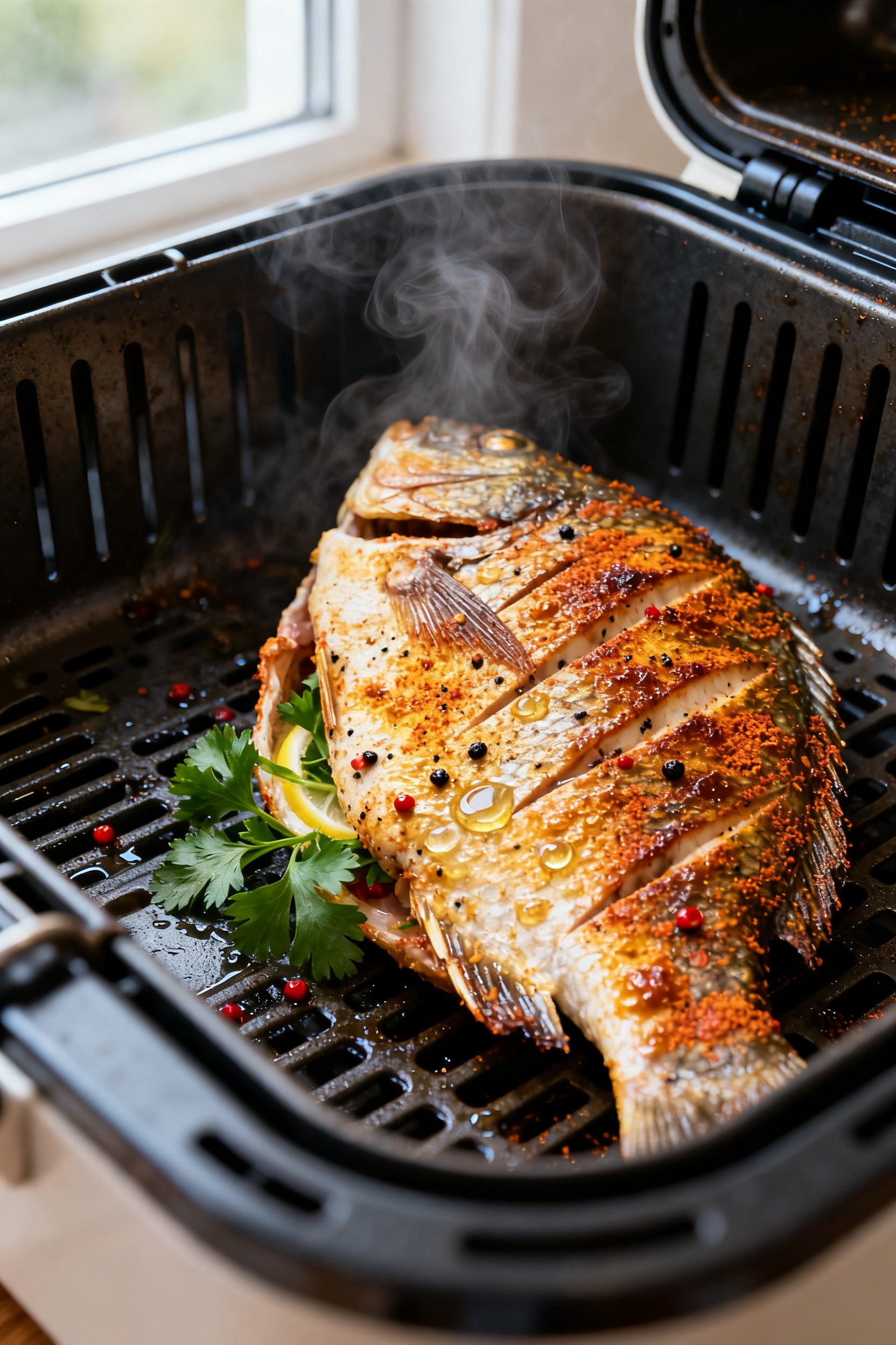 Close-up detail of whole air-fried tilapia just out of the basket, skin crackling and blistered with